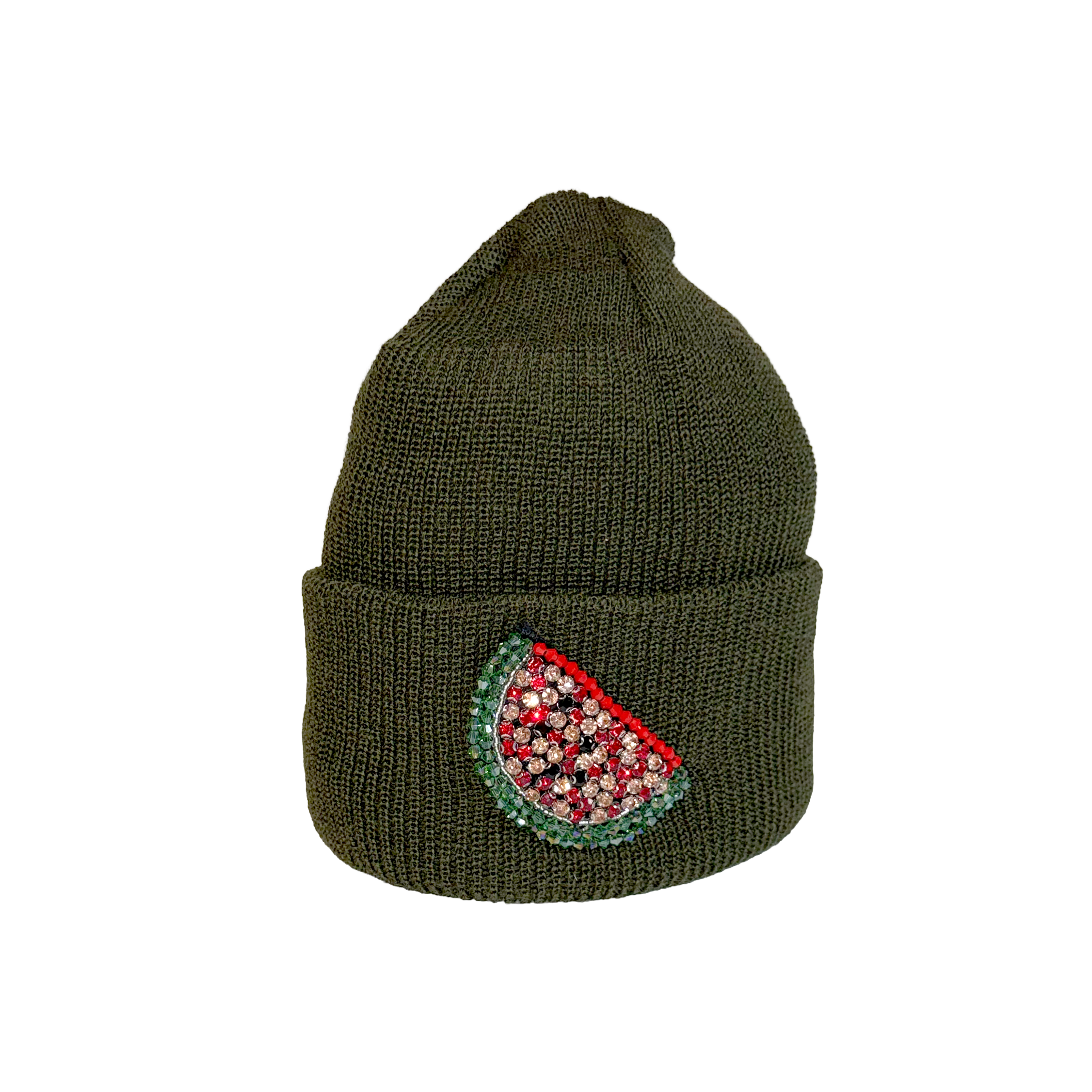 Green knit beanie with watermelon slice design on a white background.