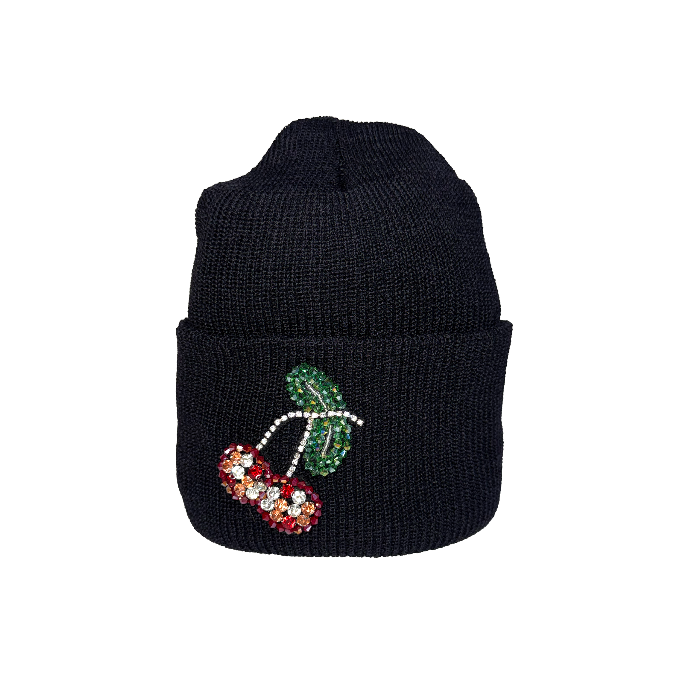 Black knit beanie with cherry embellishments on a white background.