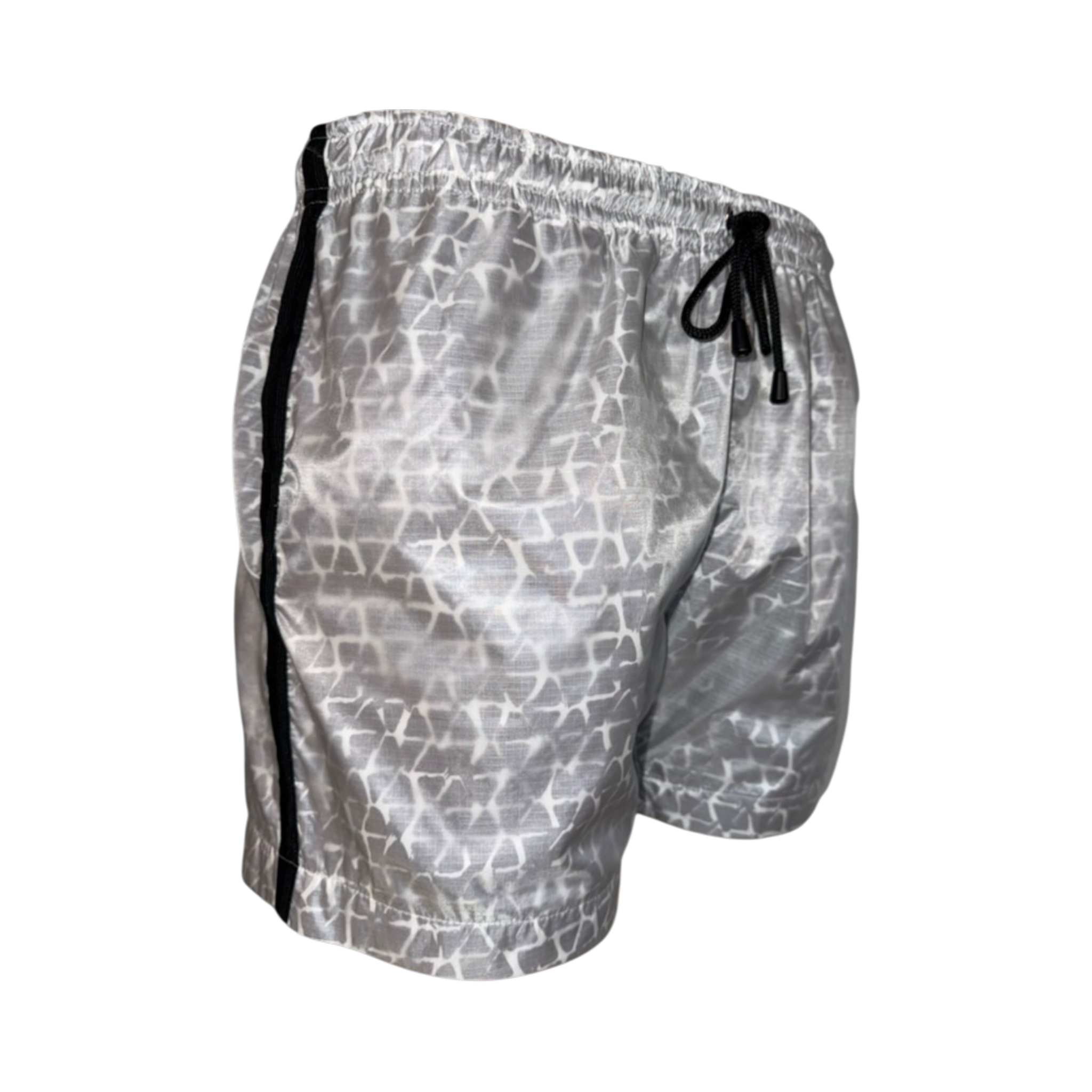 Gray patterned shorts with black drawstring on a white background