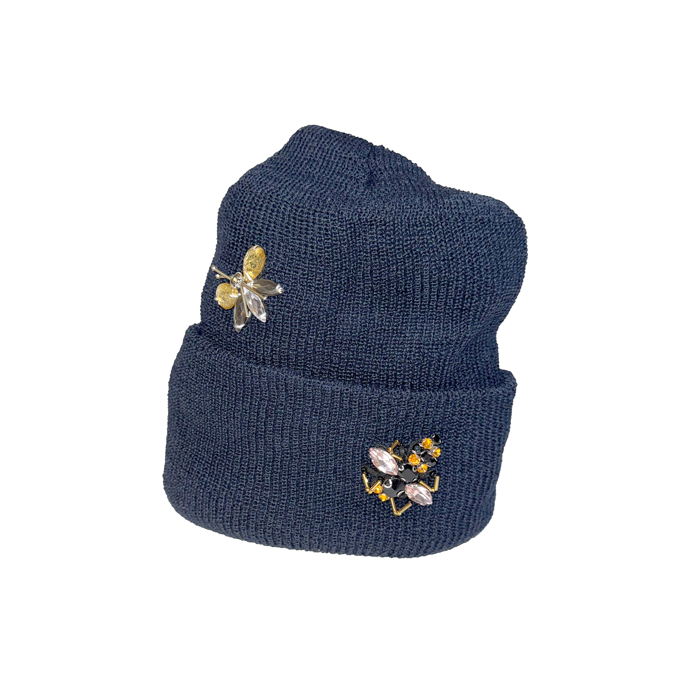 Blue knit beanie with bee embellishments on a white background