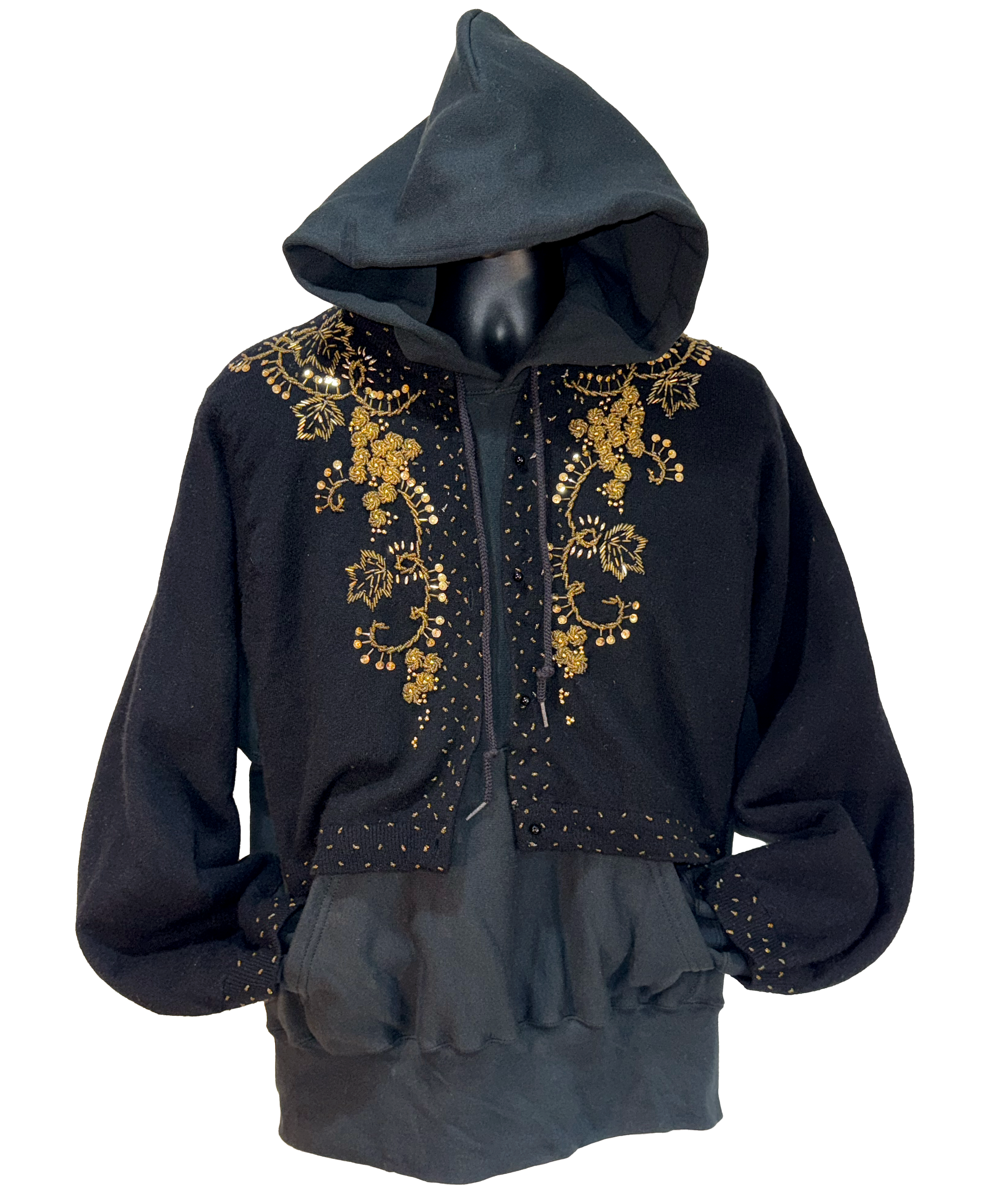 Black hoodie with gold embroidery on a white background