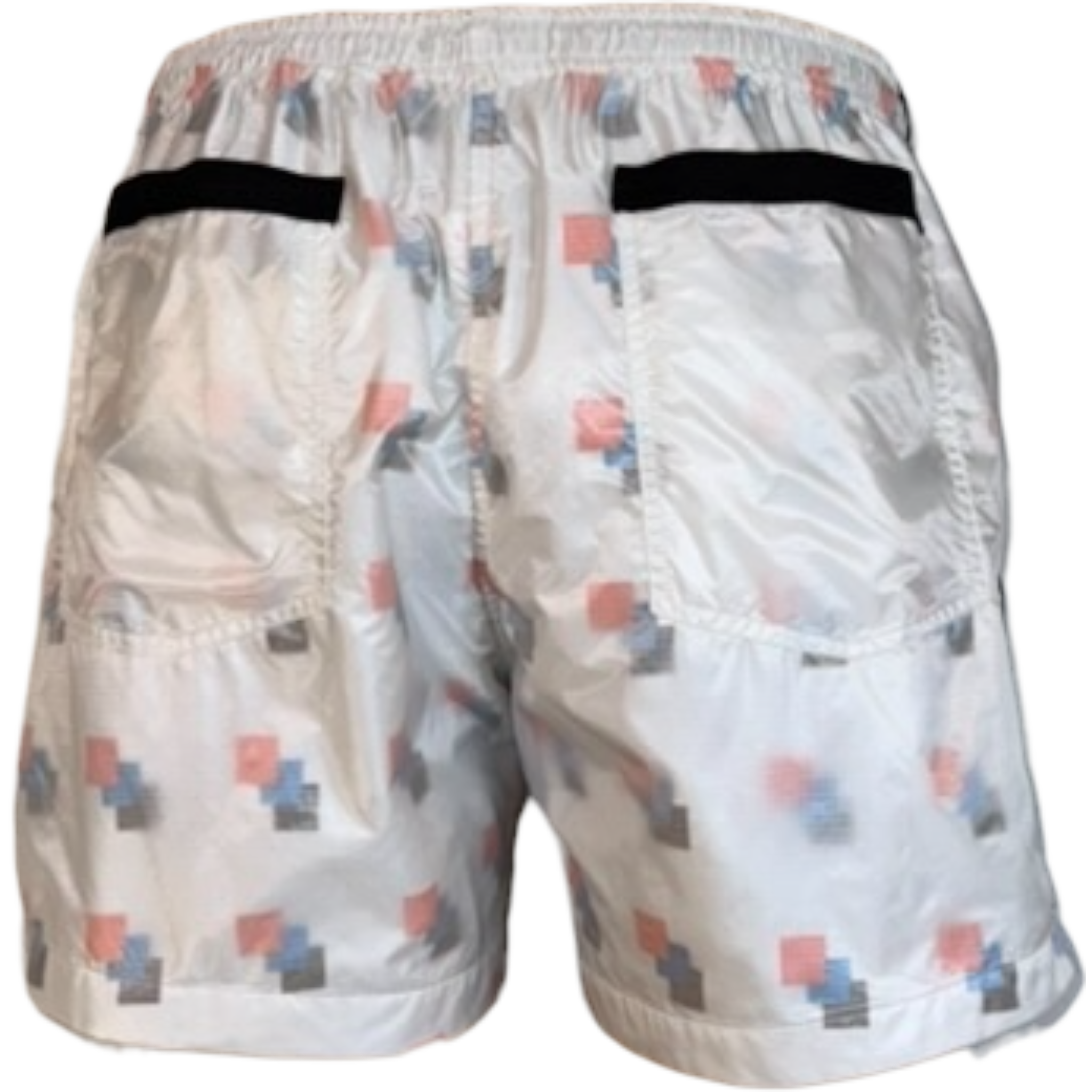 White athletic shorts with geometric pattern and black accents on a transparent background