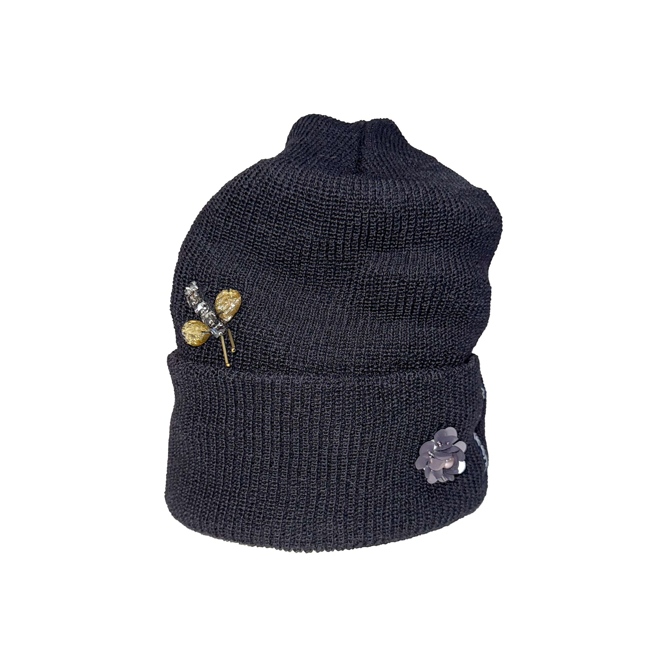 Dark blue knit beanie with decorative elements on a white background