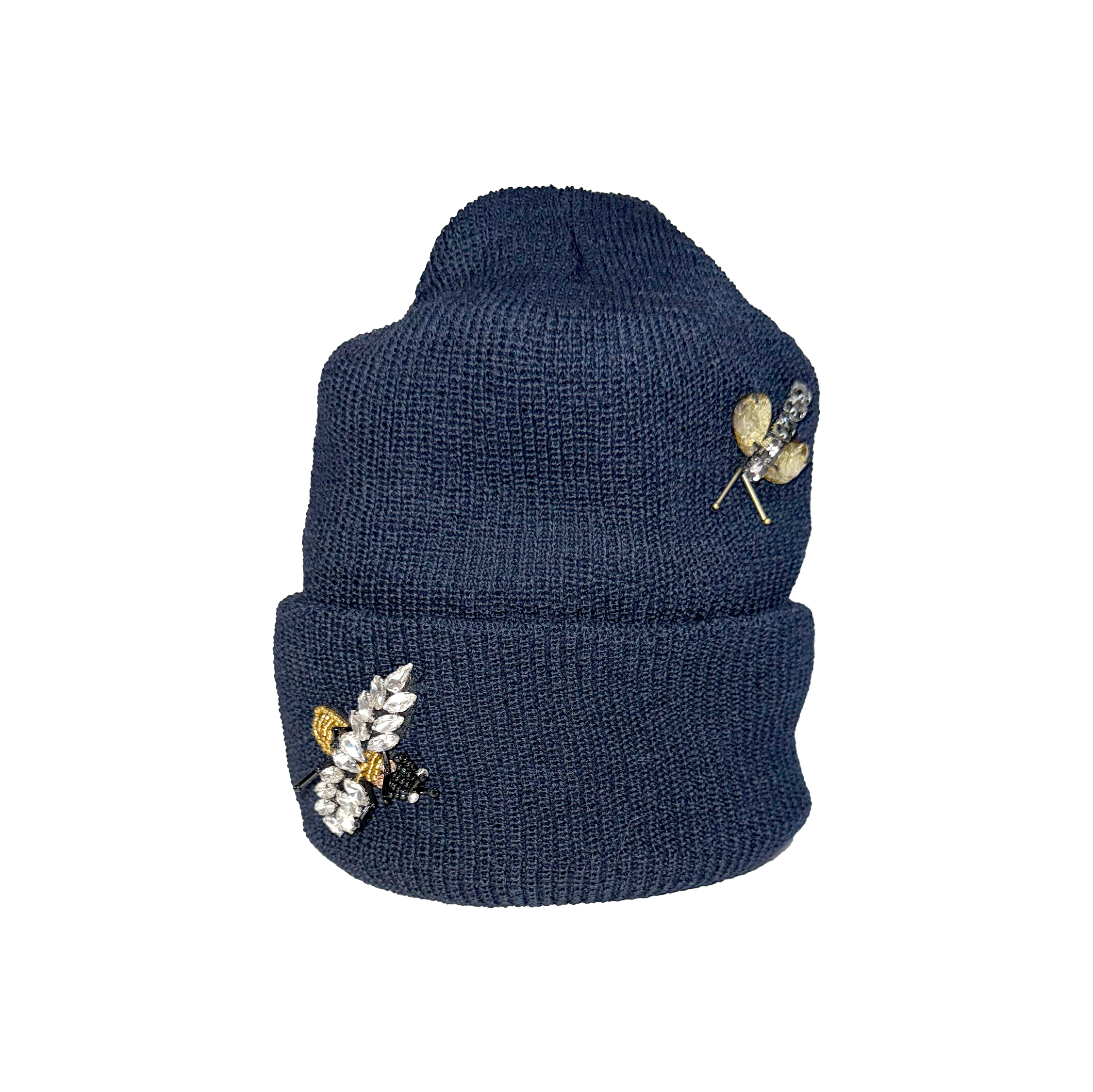 Blue knit beanie with bee embellishments on a white background