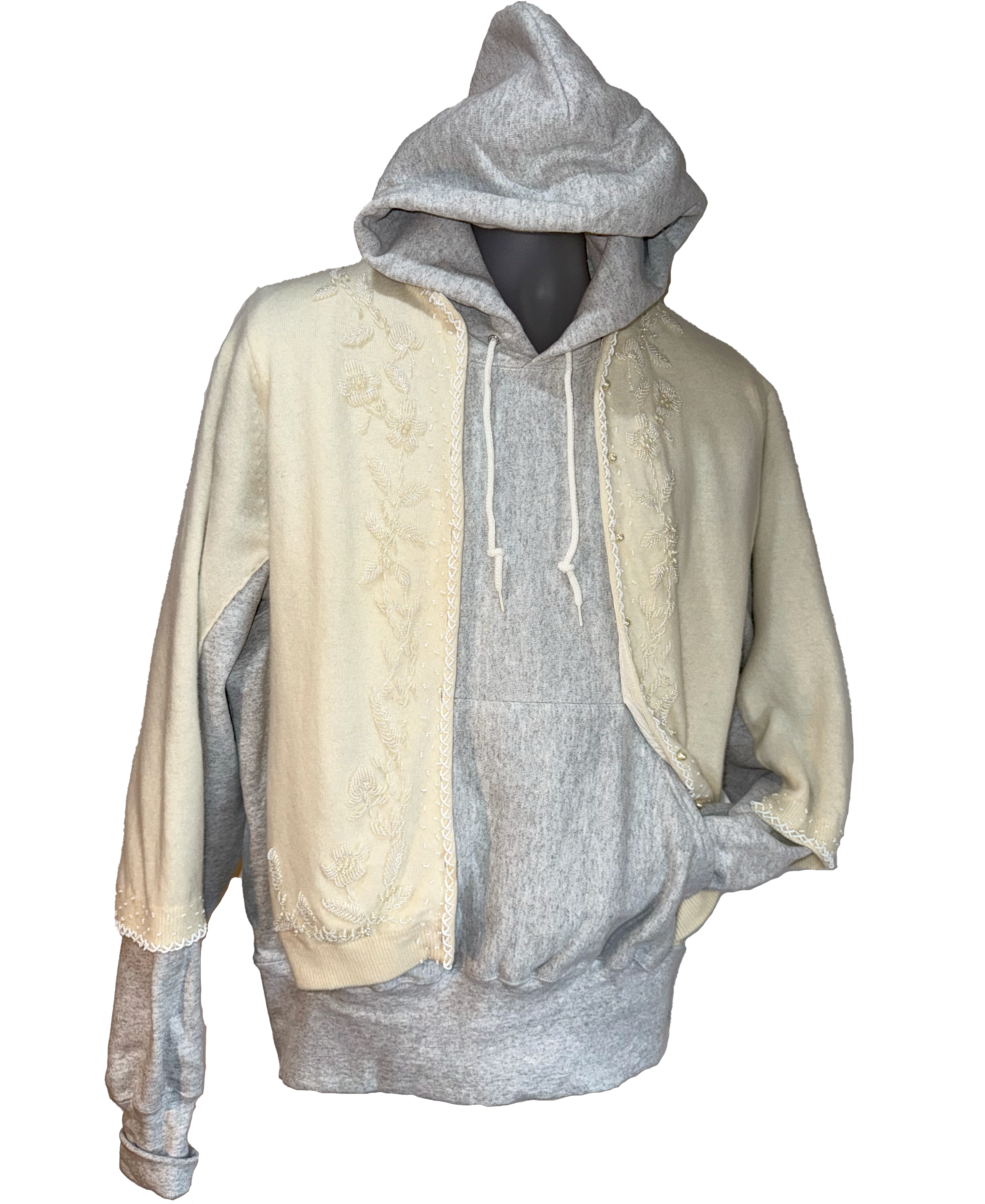 Gray hoodie with cream-colored lining on a white background