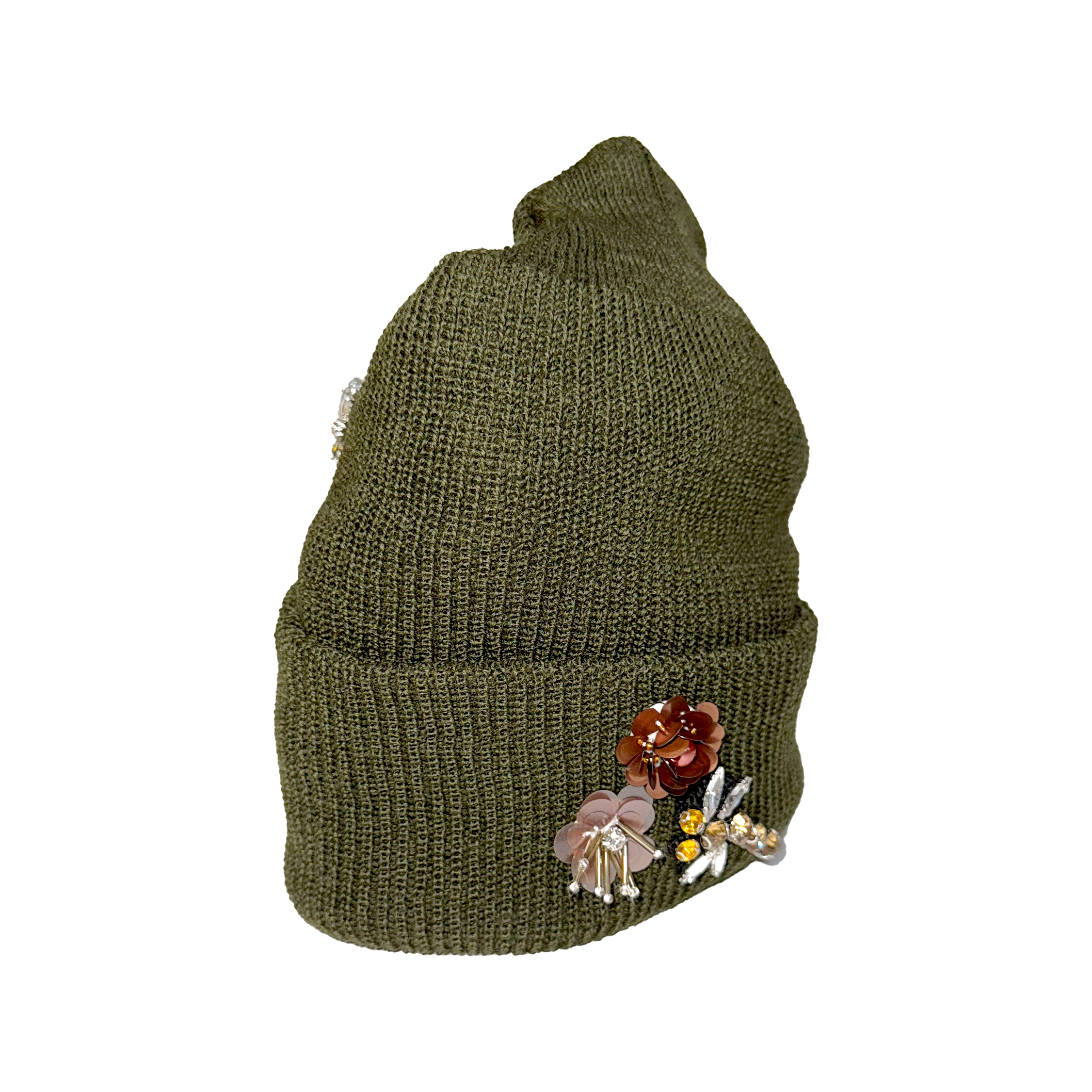 Green knit beanie with floral embellishments on a white background