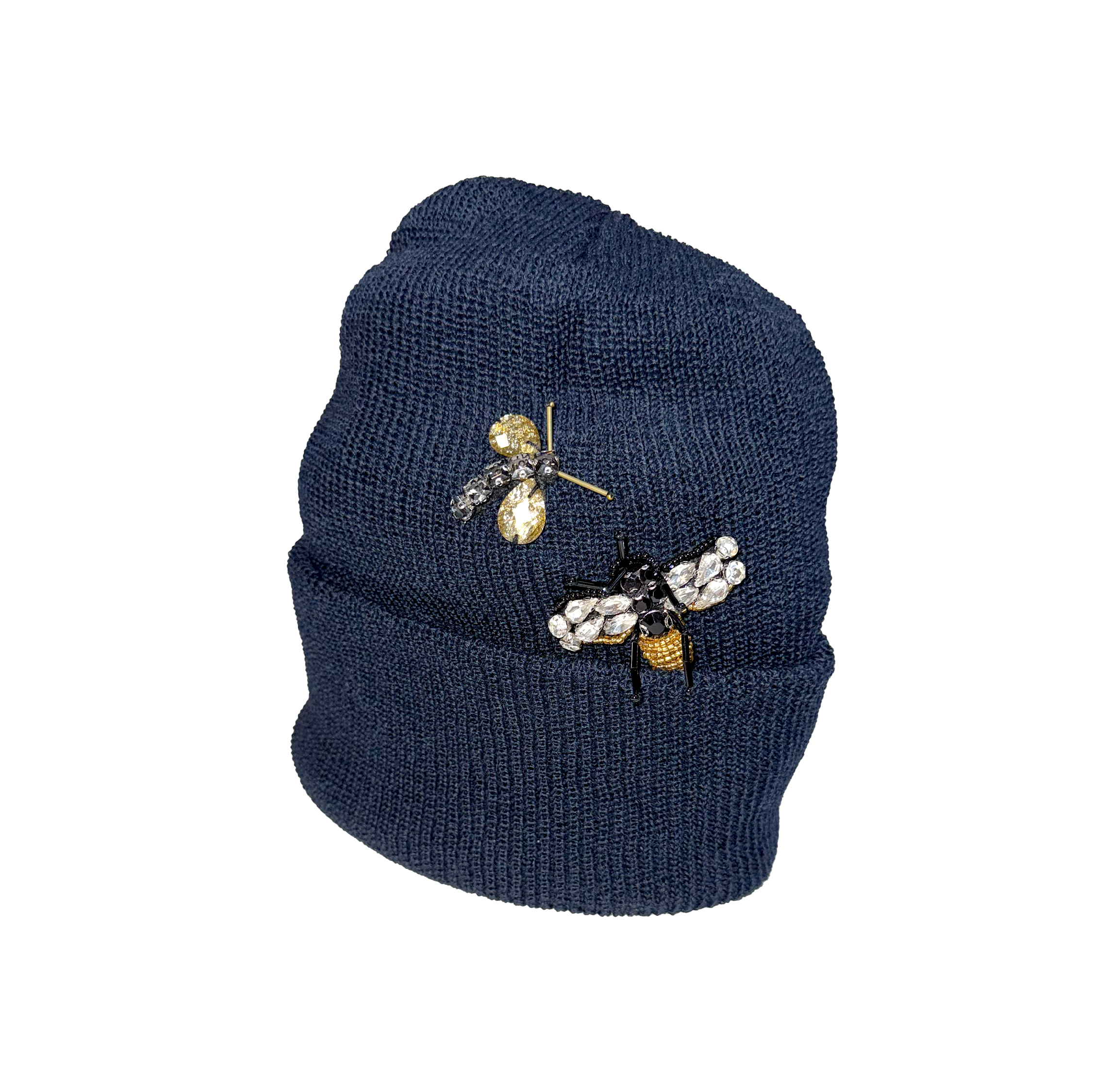 Navy blue knit beanie with bee embellishments on a white background