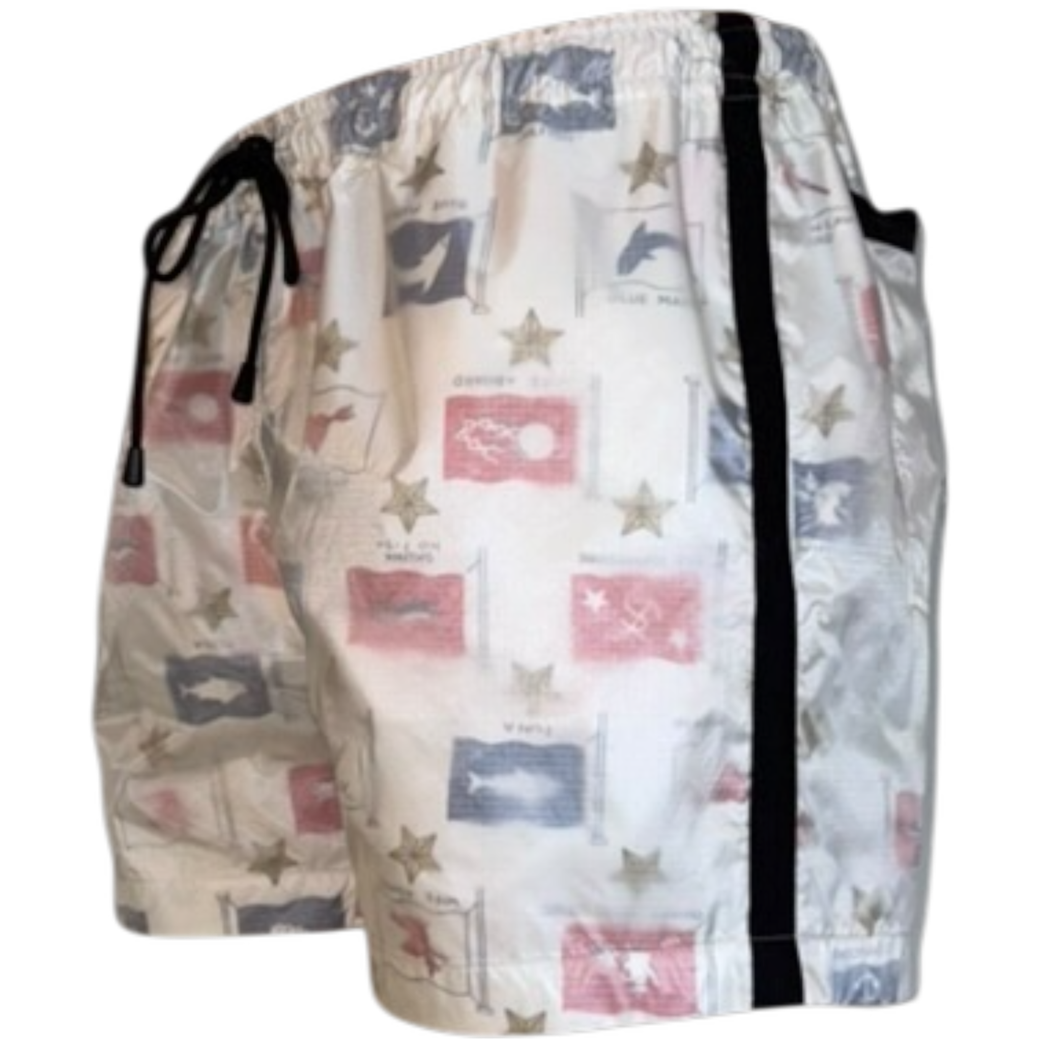 Shorts with a pattern of flags and stars on a white background