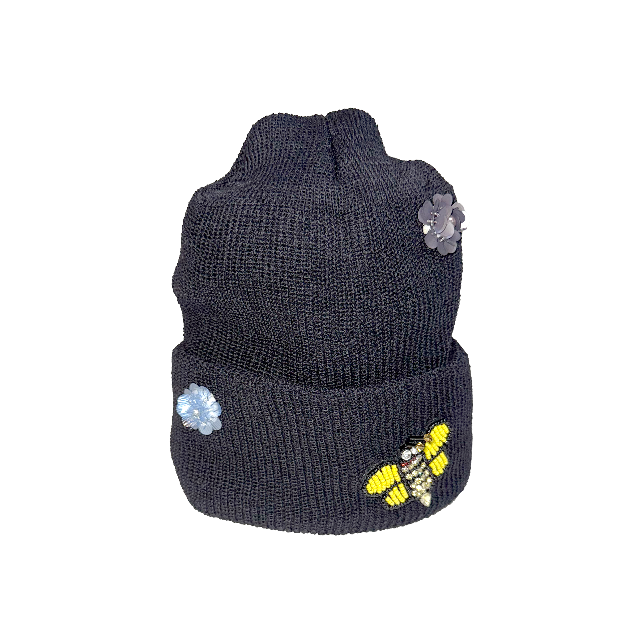 Dark gray knit beanie with decorative flowers and a bee on a white background