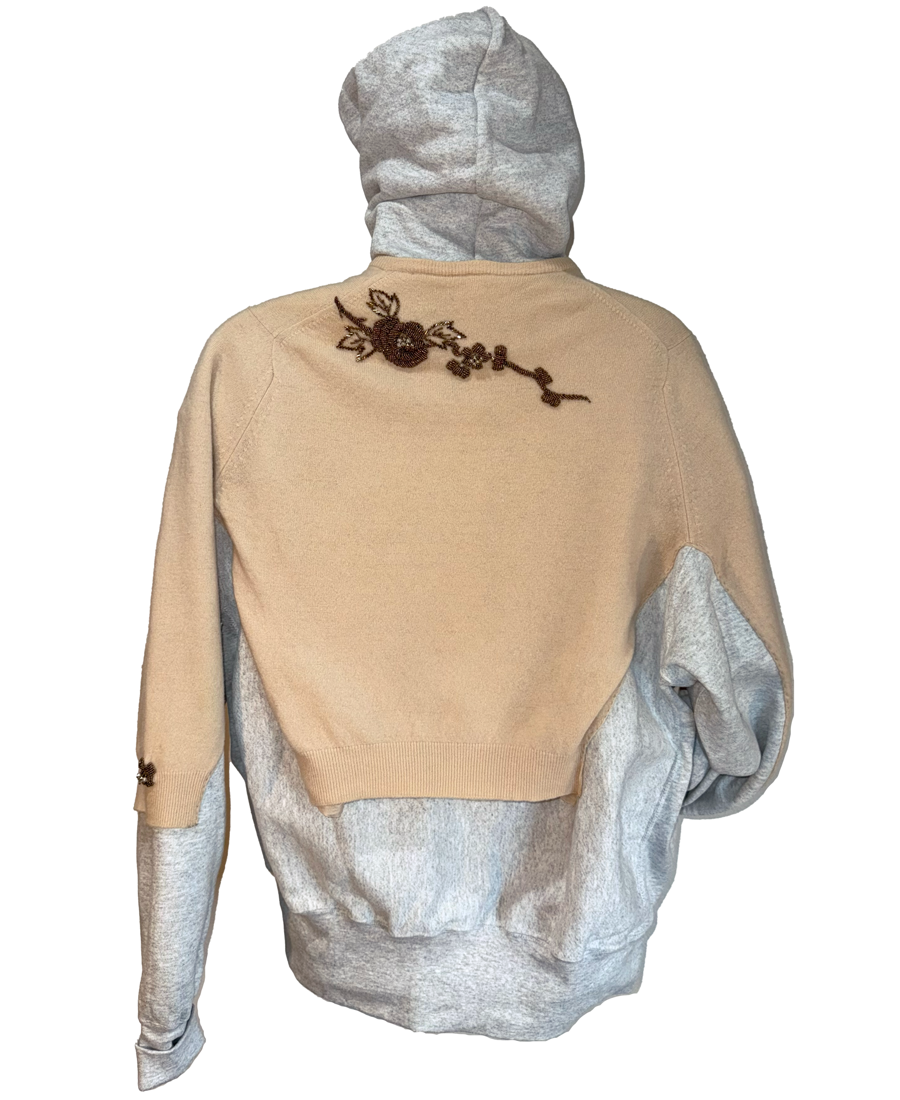 Back view of a beige and gray jacket with floral embroidery on a white background