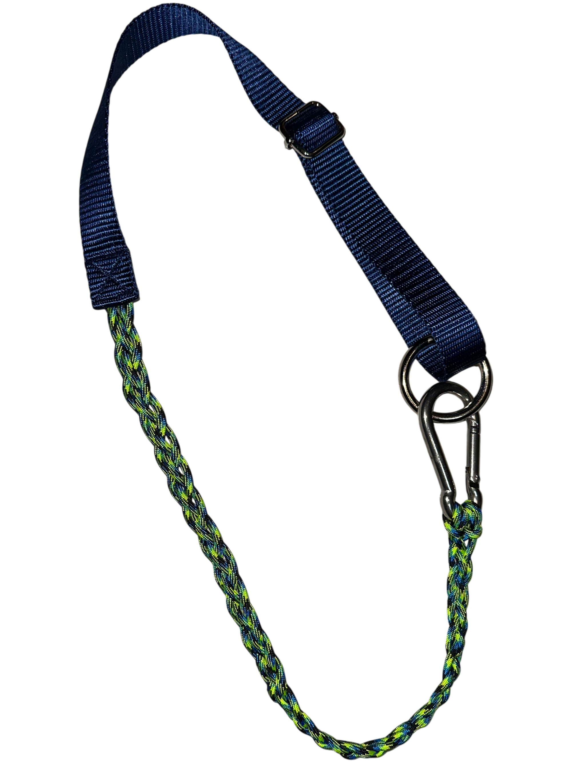 Belt with blue handle and green braided rope on a white background