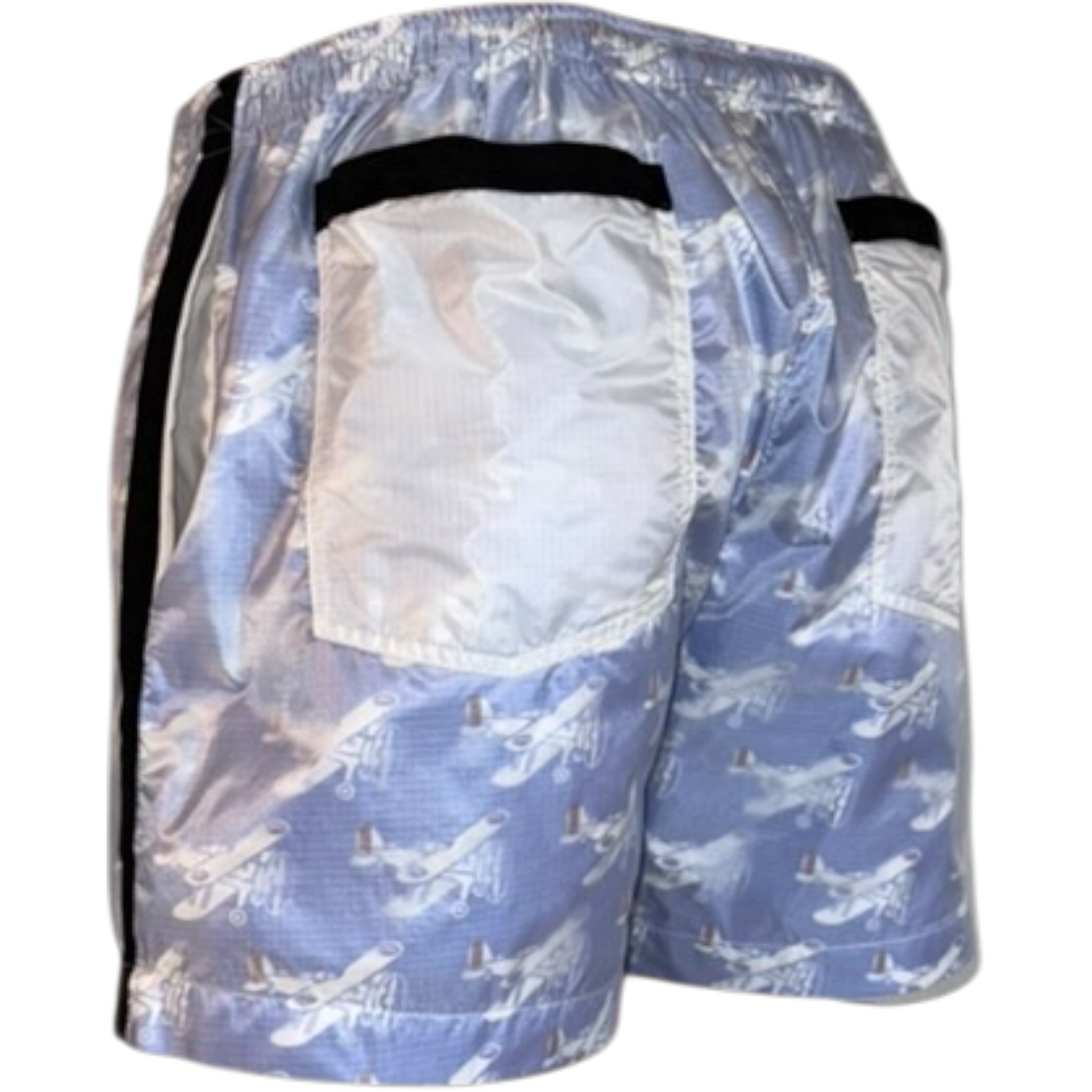 Blue shorts with white cloud pattern on a white background