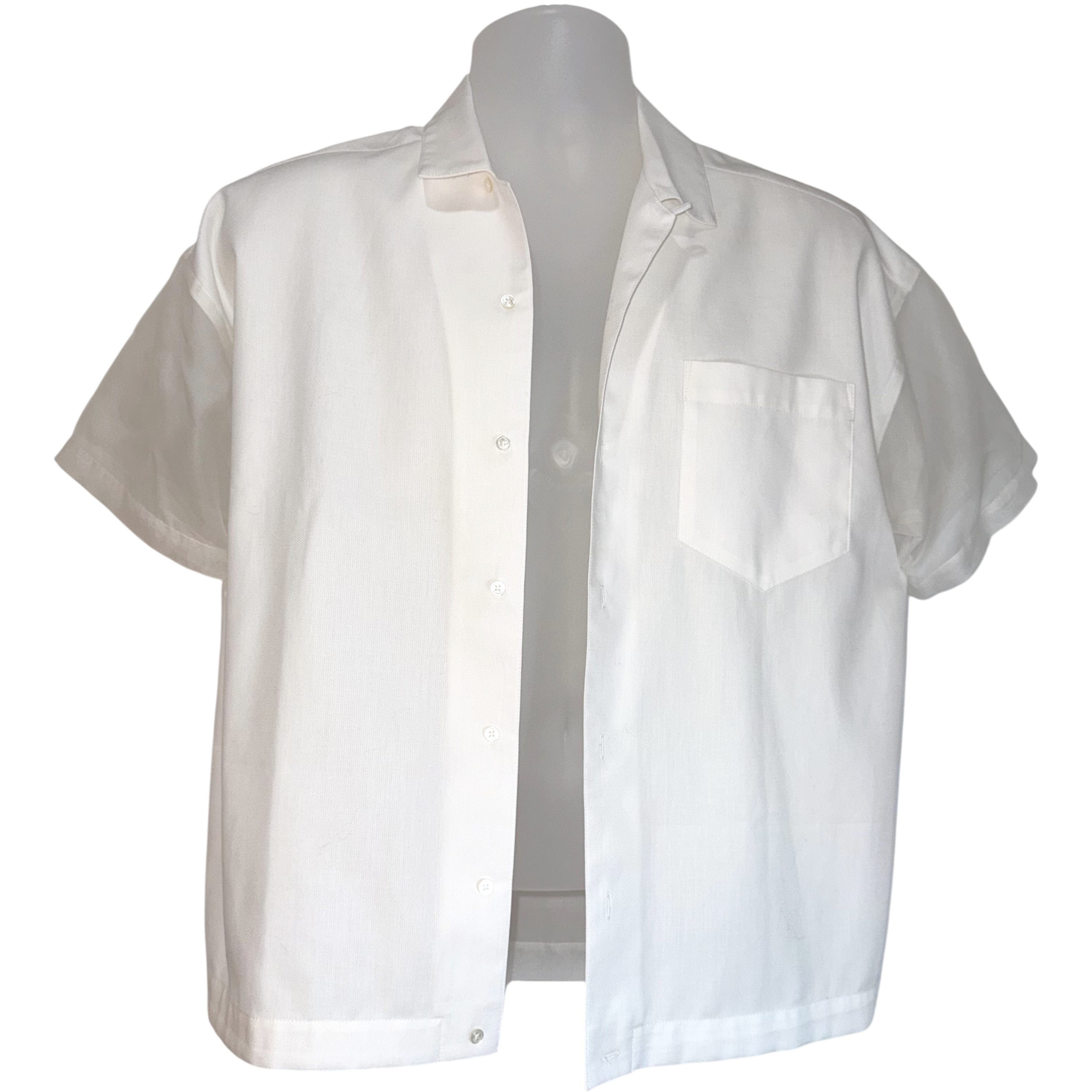 White short-sleeve shirt on a mannequin against a white background.