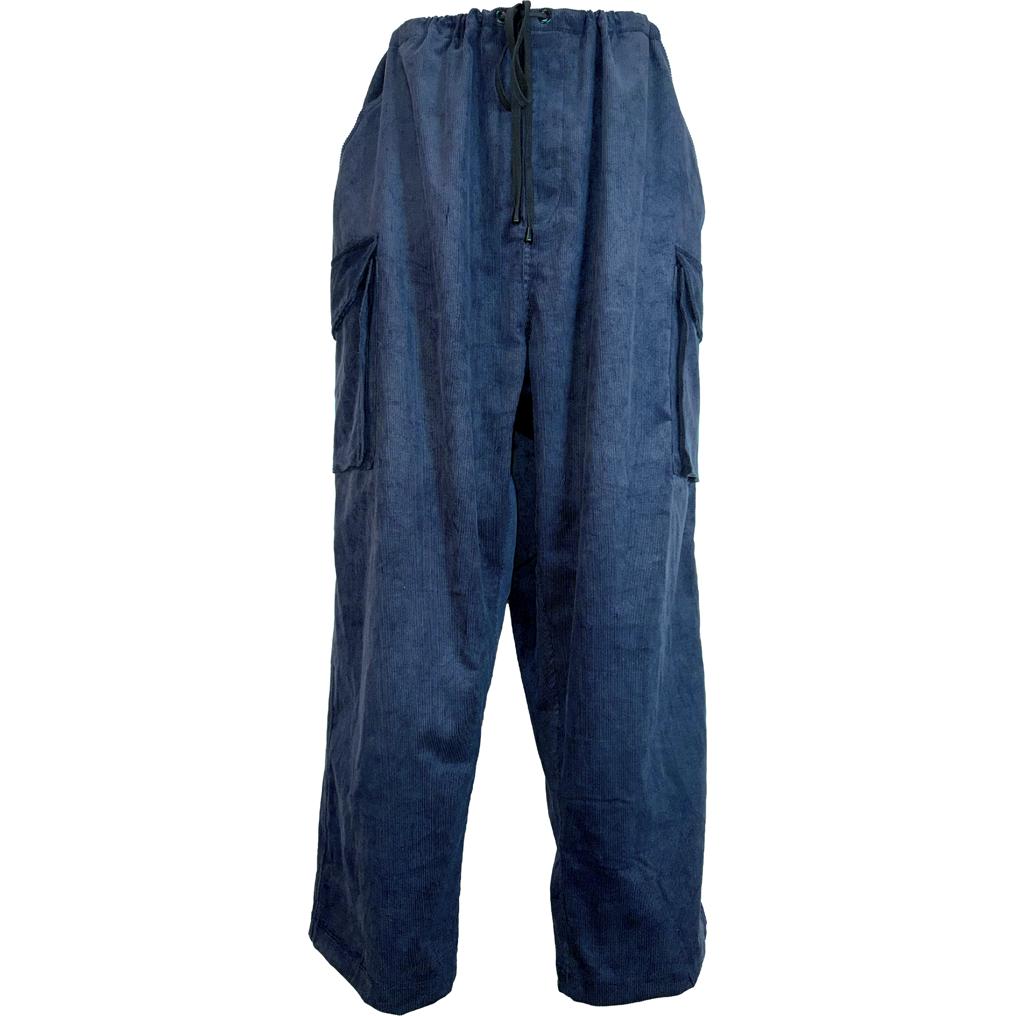Blue baggy pants on a white background.