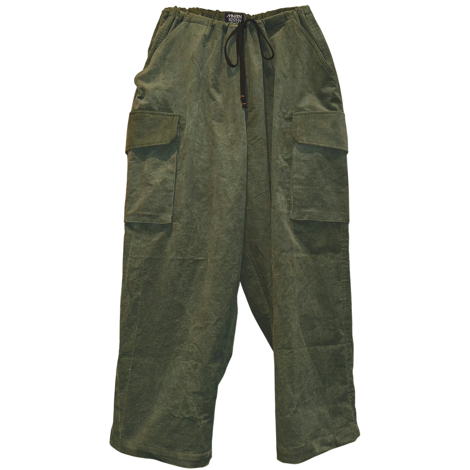 Green cargo pants on a white background.