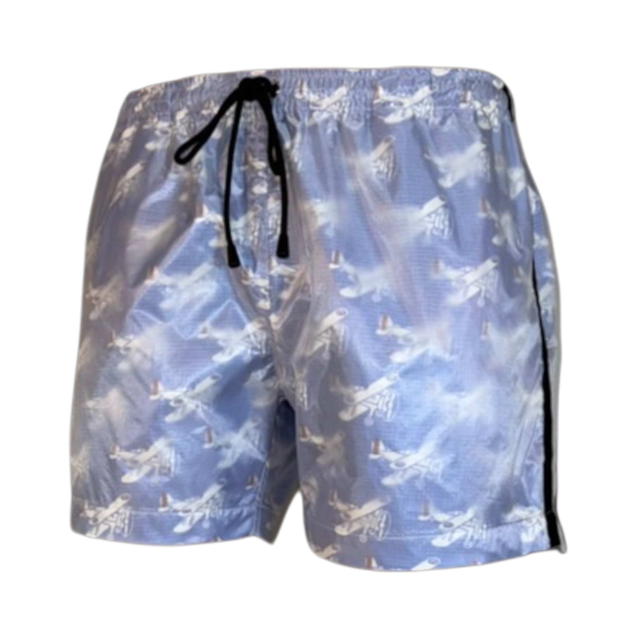 Blue swim shorts with white airplane pattern on a plain background
