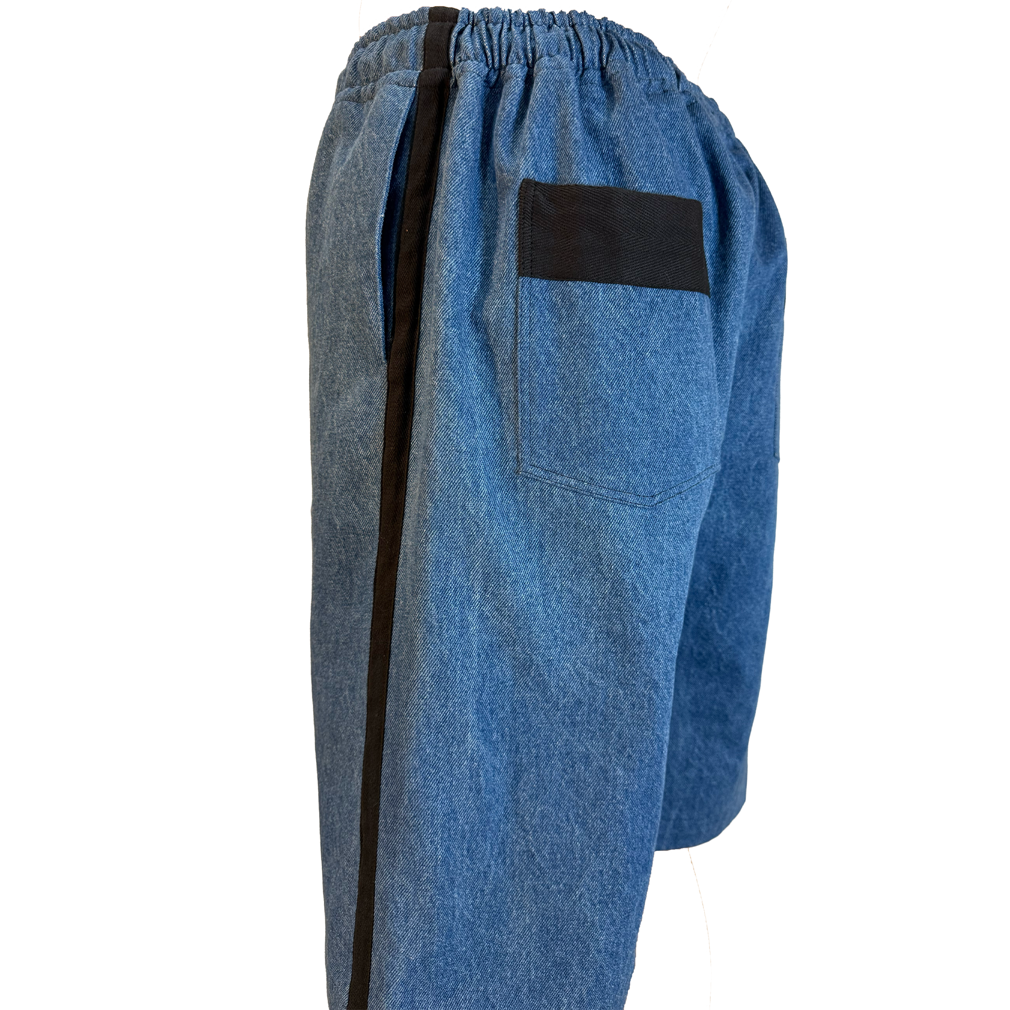 Blue denim shorts with a black side stripe, elastic waistband, and a black rectangular patch on the back pocket, shown against a plain white background.