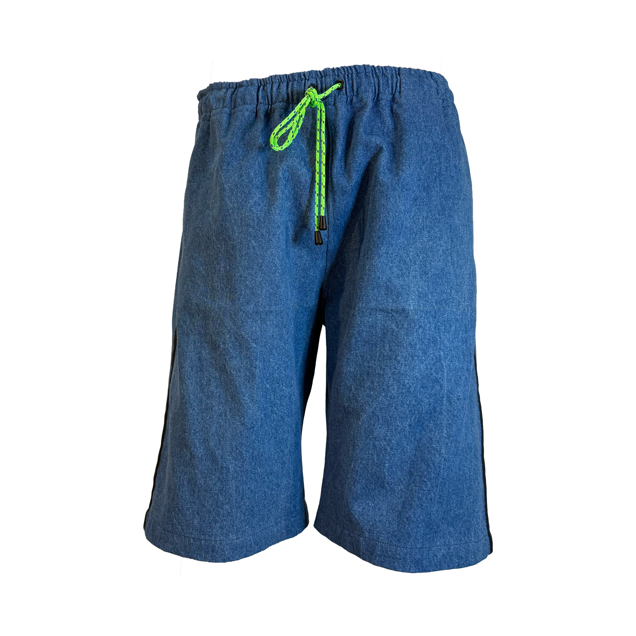 Blue denim drawstring shorts with a bright green cord and black tips, shown against a plain white background.