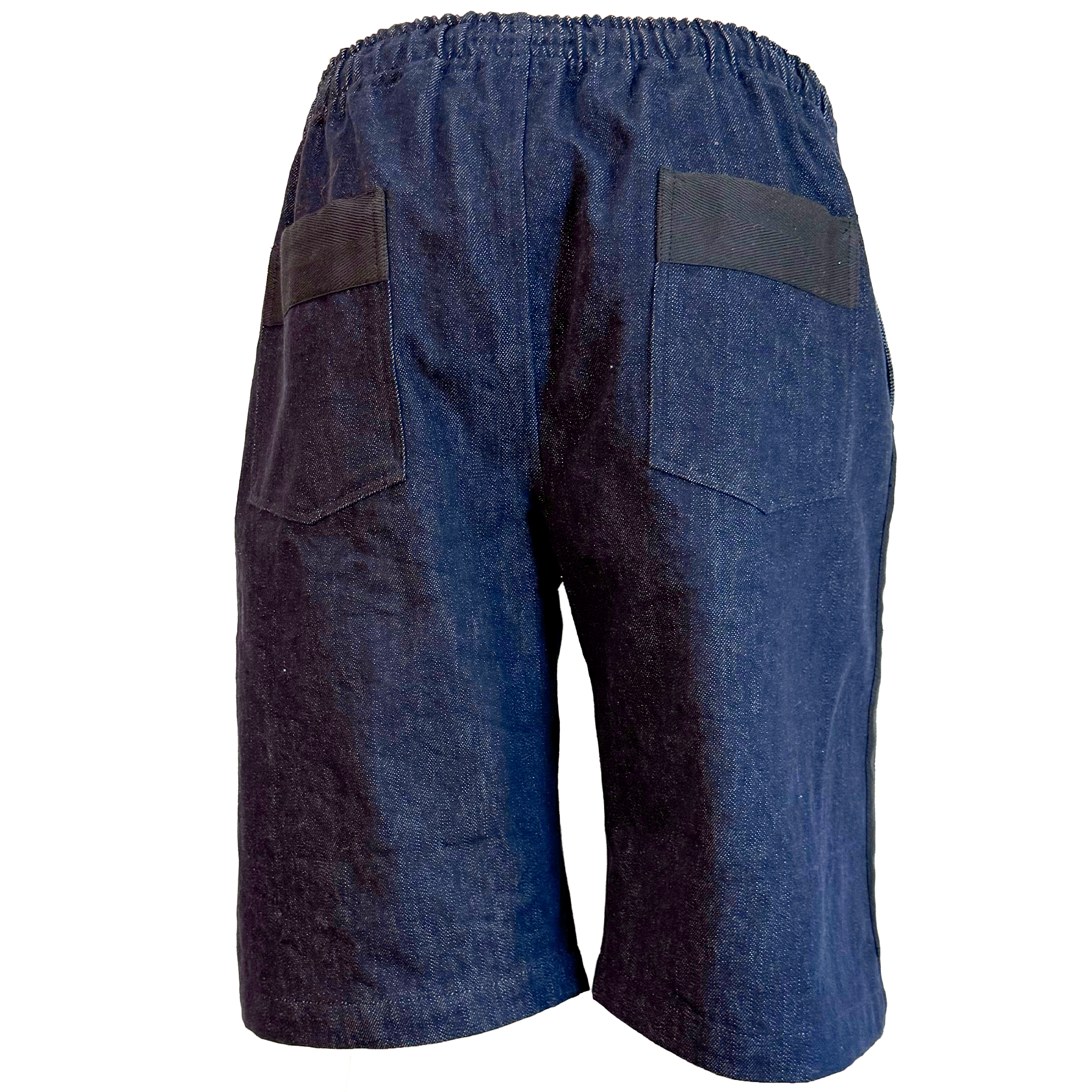 Back view of dark blue denim shorts with an elastic waistband and two dark patch pockets, shown on a plain white background.