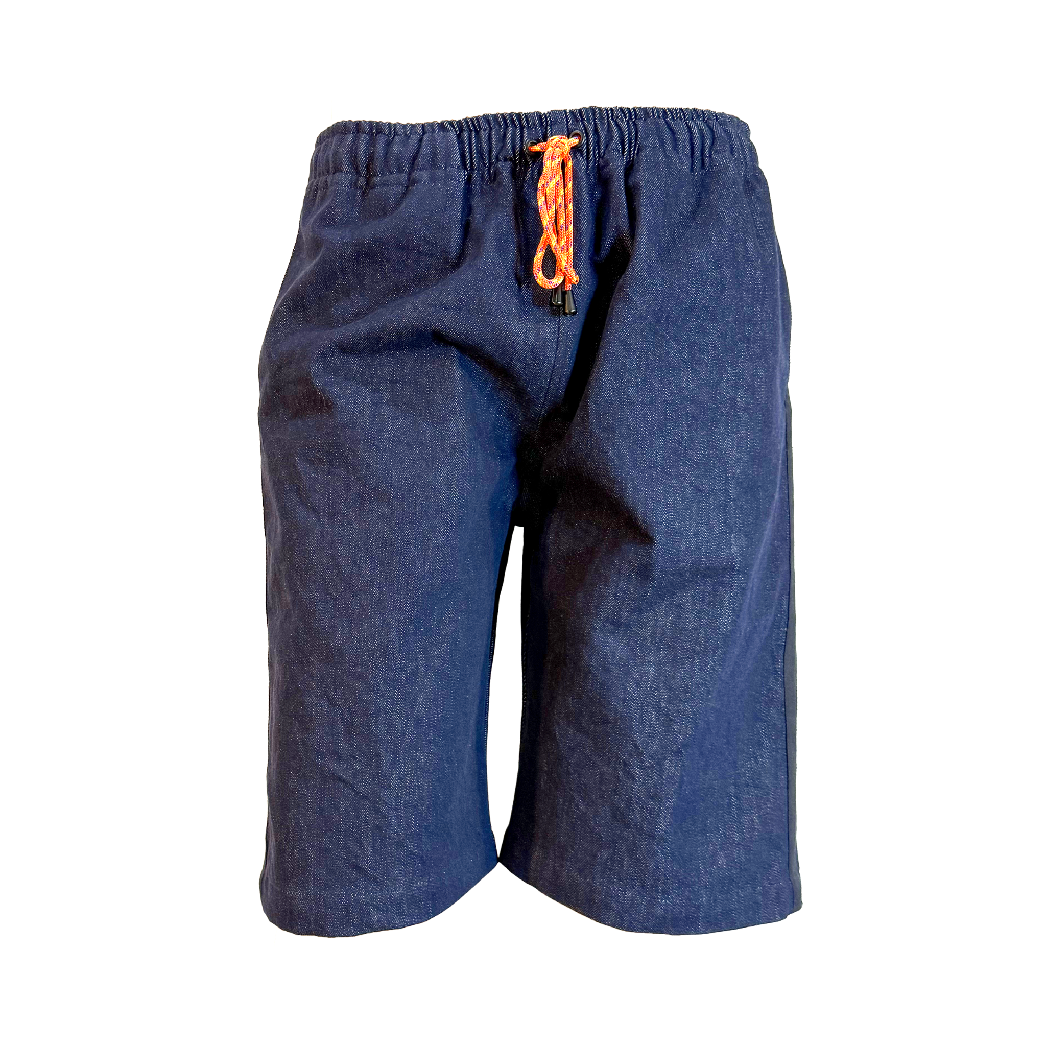 A pair of men's casual shorts in a dark blue chambray fabric, featuring an elastic waistband and a bright orange drawstring.