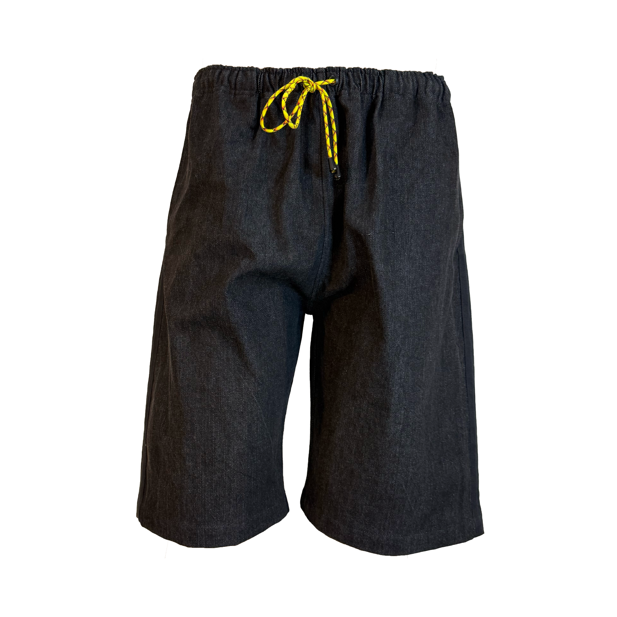 Dark charcoal gray drawstring shorts with a yellow and black cord, shown against a plain white background.