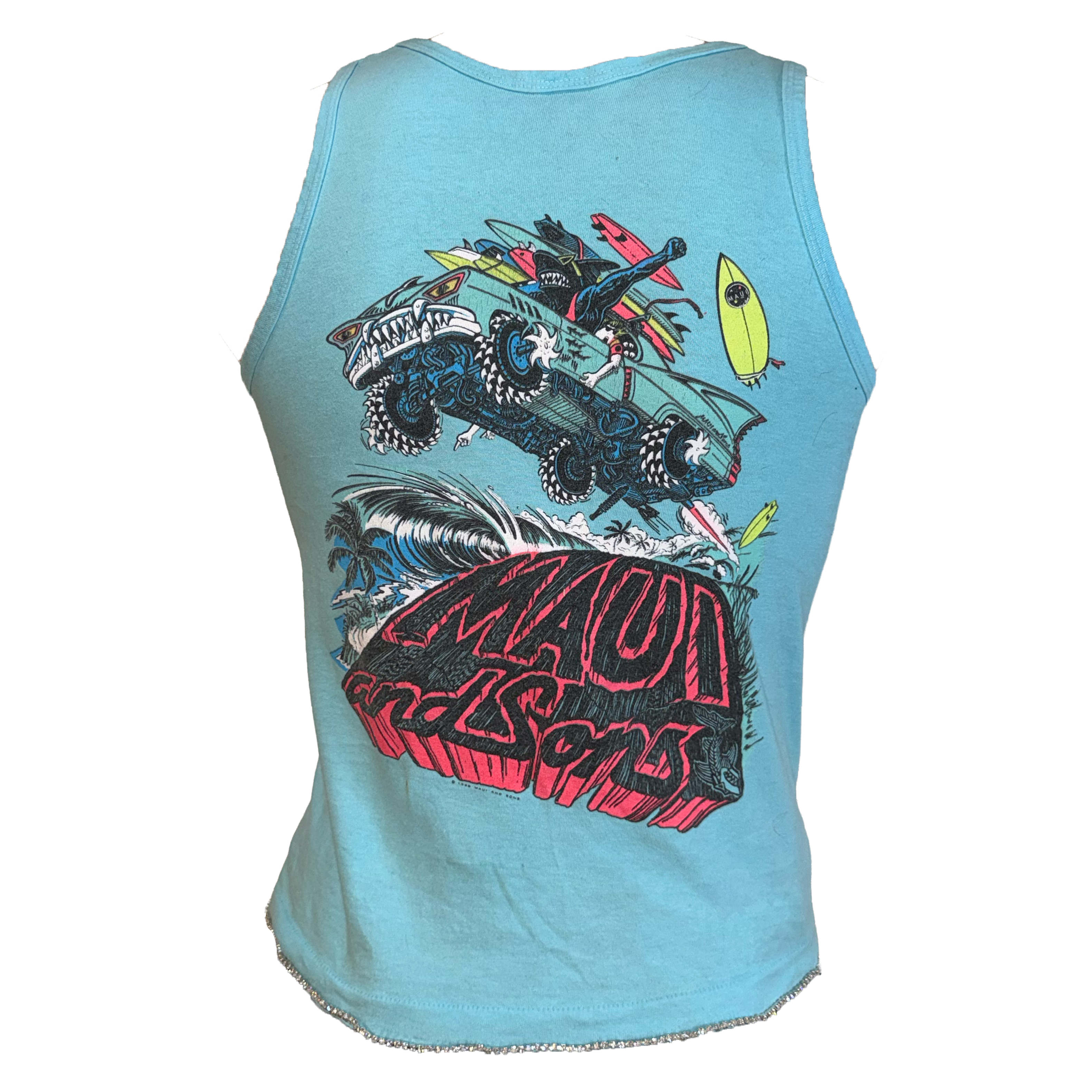 A light blue sleeveless tank top with a large graphic print on the front featuring a monster truck, surfboards, waves, and the text 'MAUI and Sons'.