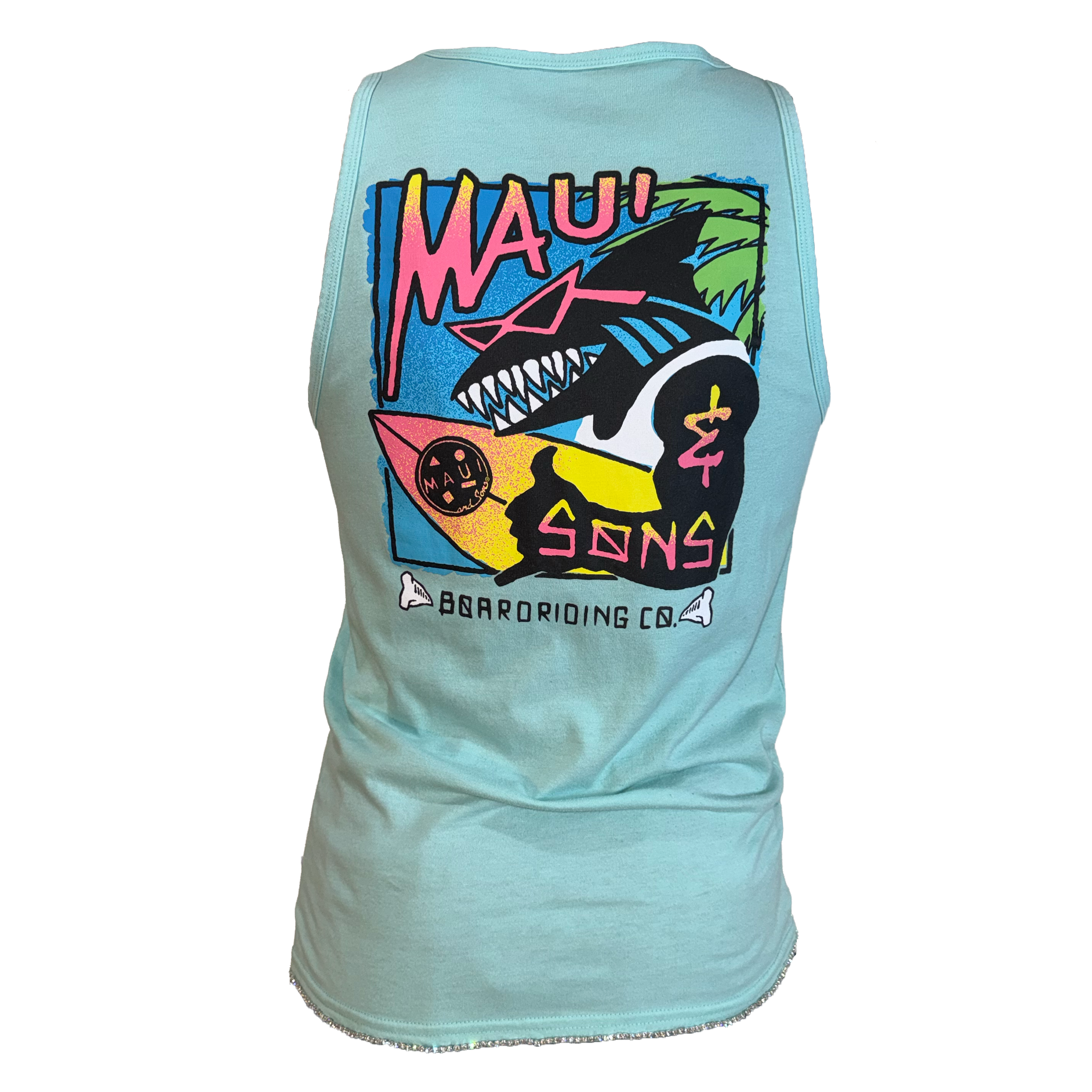 A light blue sleeveless tank top shown from the back, featuring a large colorful graphic print with a shark, surfboard, and the text 'MAUI & SONS BOARDRIDING CO.'.