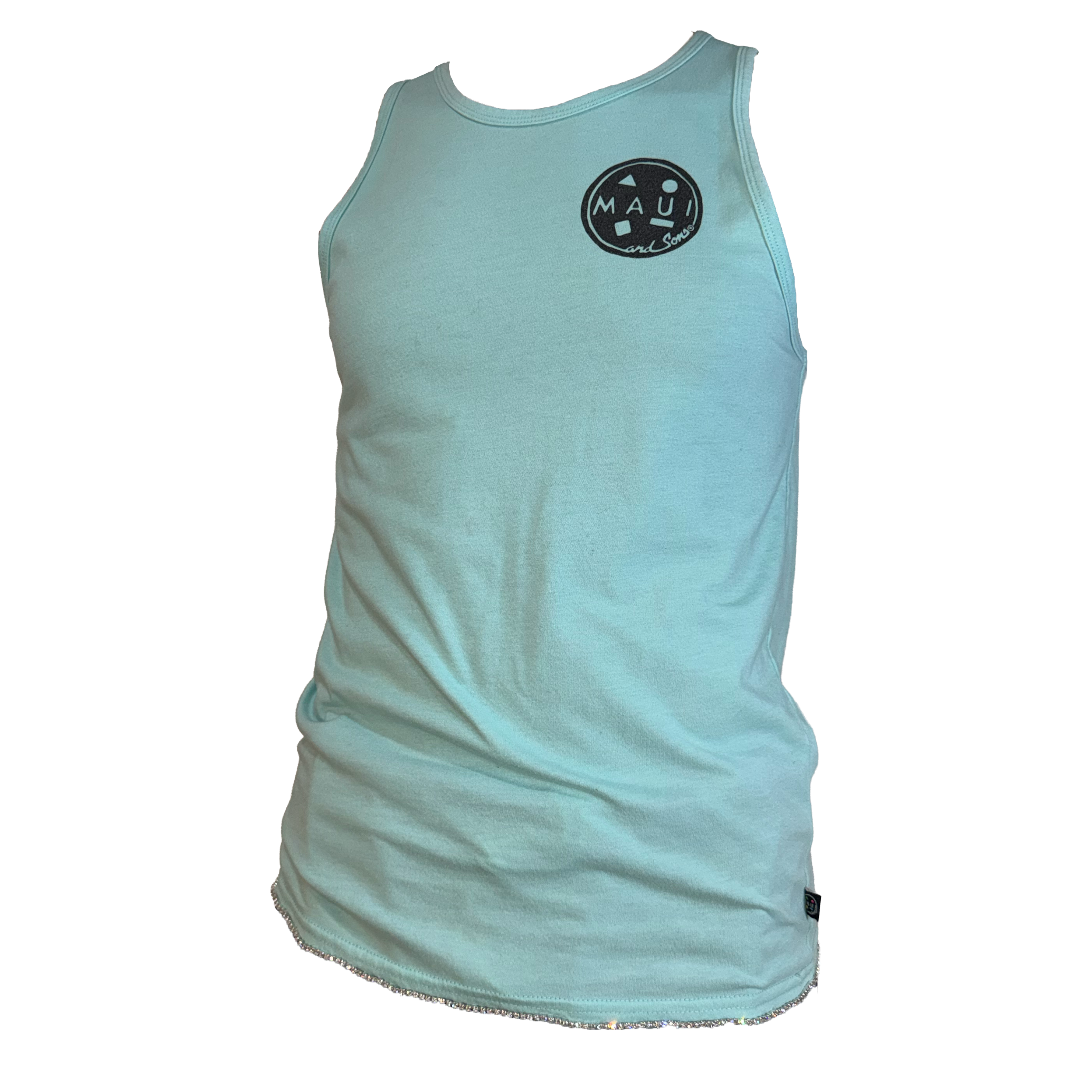 A light aqua sleeveless tank top with a small black circular 'MAUI' logo on the left chest, shown against a plain white background.