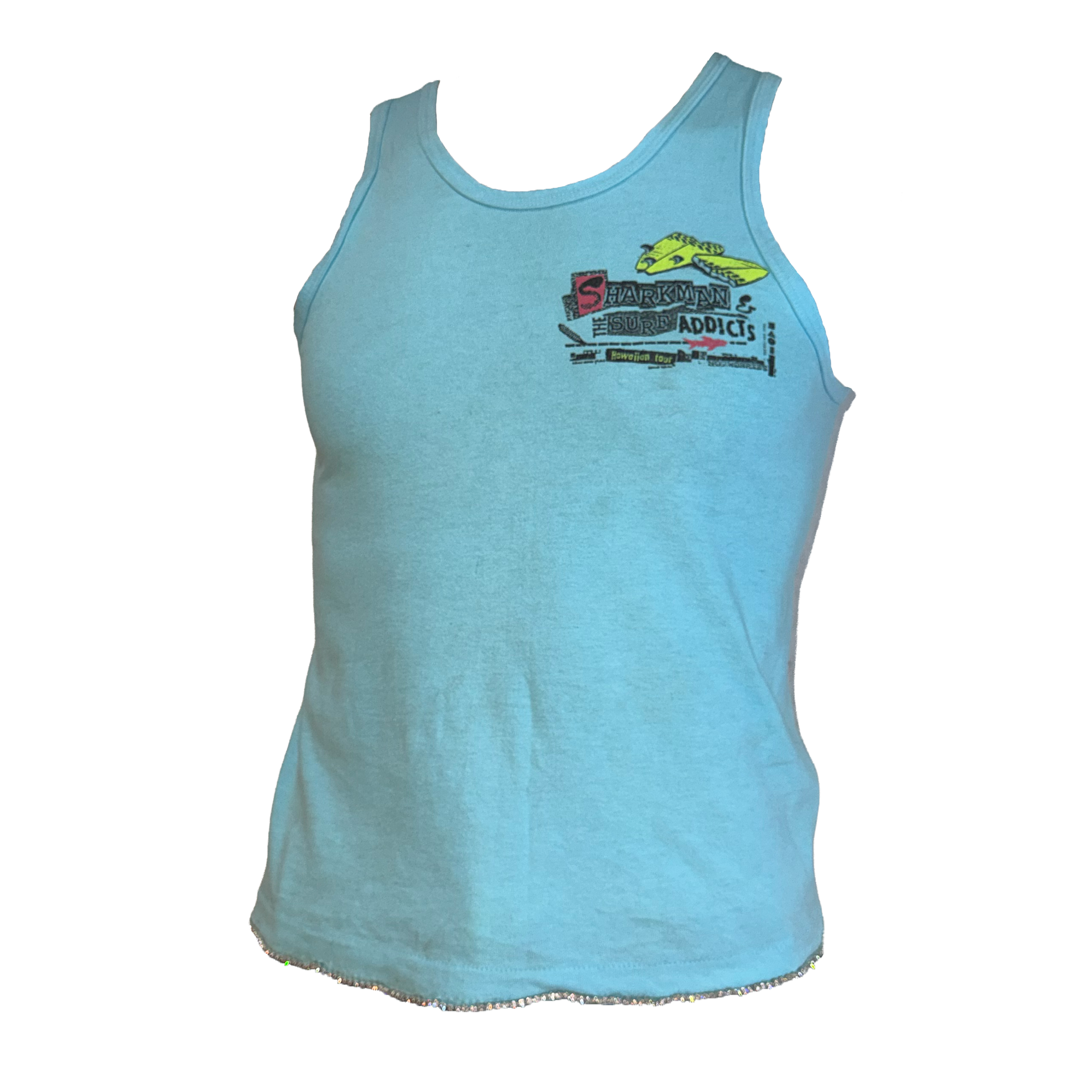 A light blue heathered tank top with a distressed, frayed hem and a colorful graphic on the left chest featuring a yellow shark and the text 'Sharkman and the Surf Addicts'.
