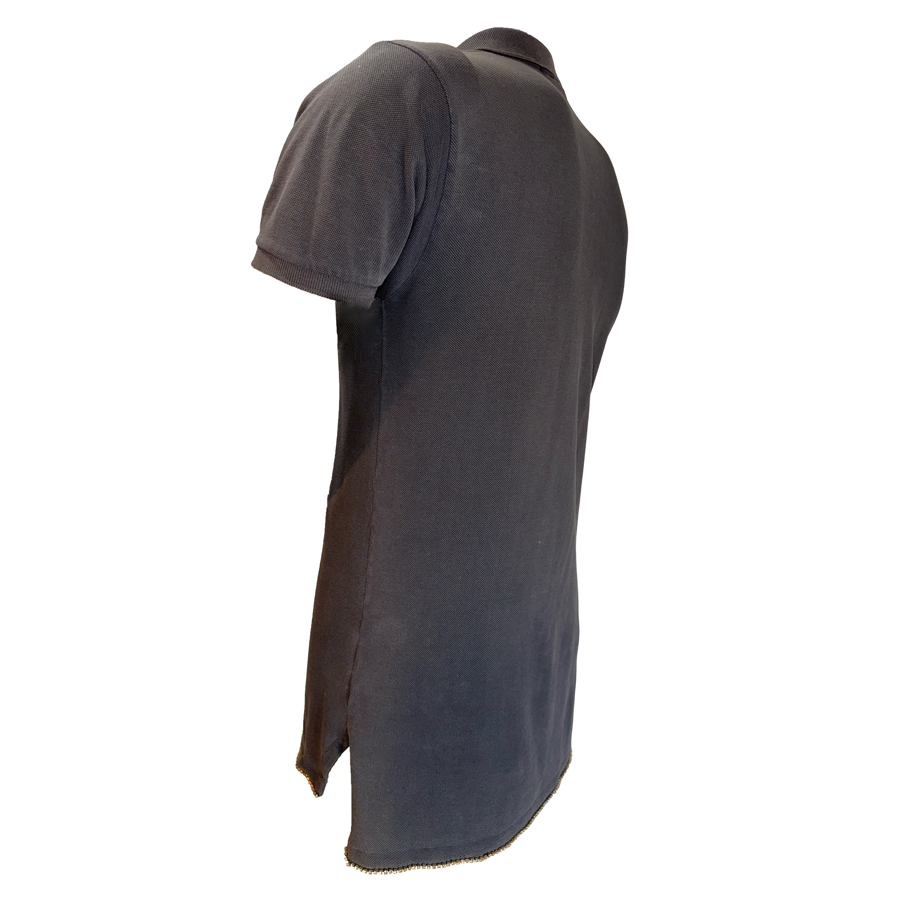 A dark charcoal gray short-sleeve polo shirt shown from a three-quarter back angle, displayed on a headless mannequin torso against a plain white background.