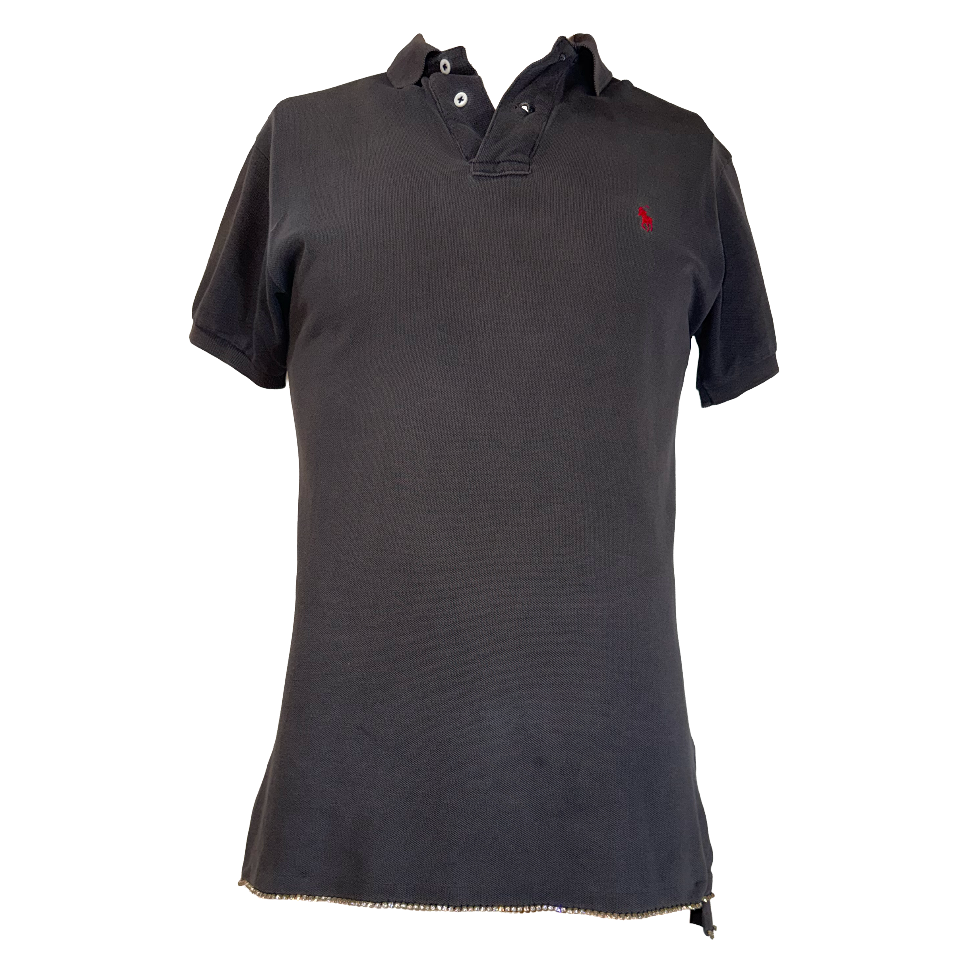A dark charcoal gray short-sleeve polo shirt with a small red embroidered logo on the left chest, displayed against a solid white background.