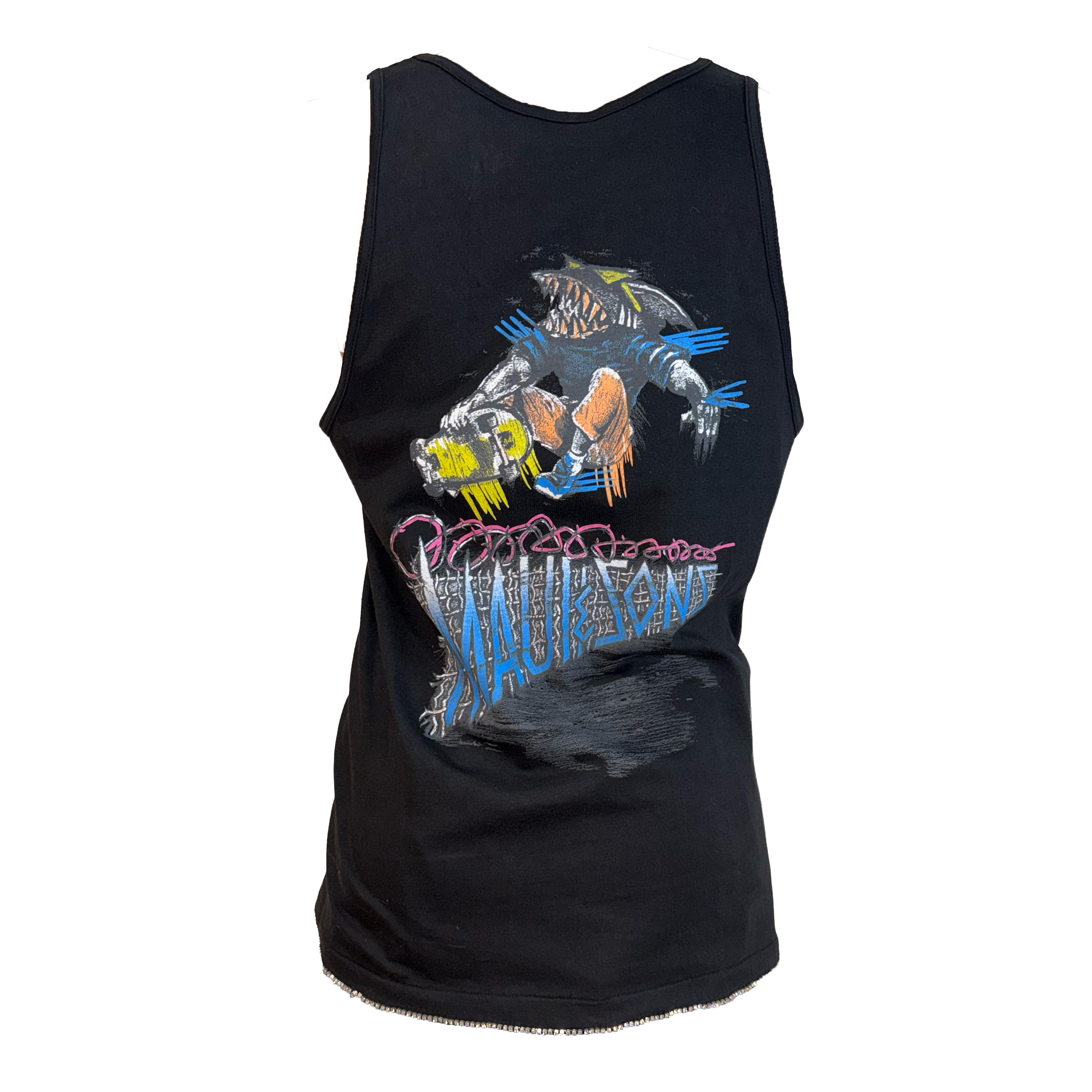 A black sleeveless tank top featuring a large graphic print of a monster with blue spikes and the text 'Maui & Sons' in stylized blue, pink, and white lettering, shown against a plain white background.