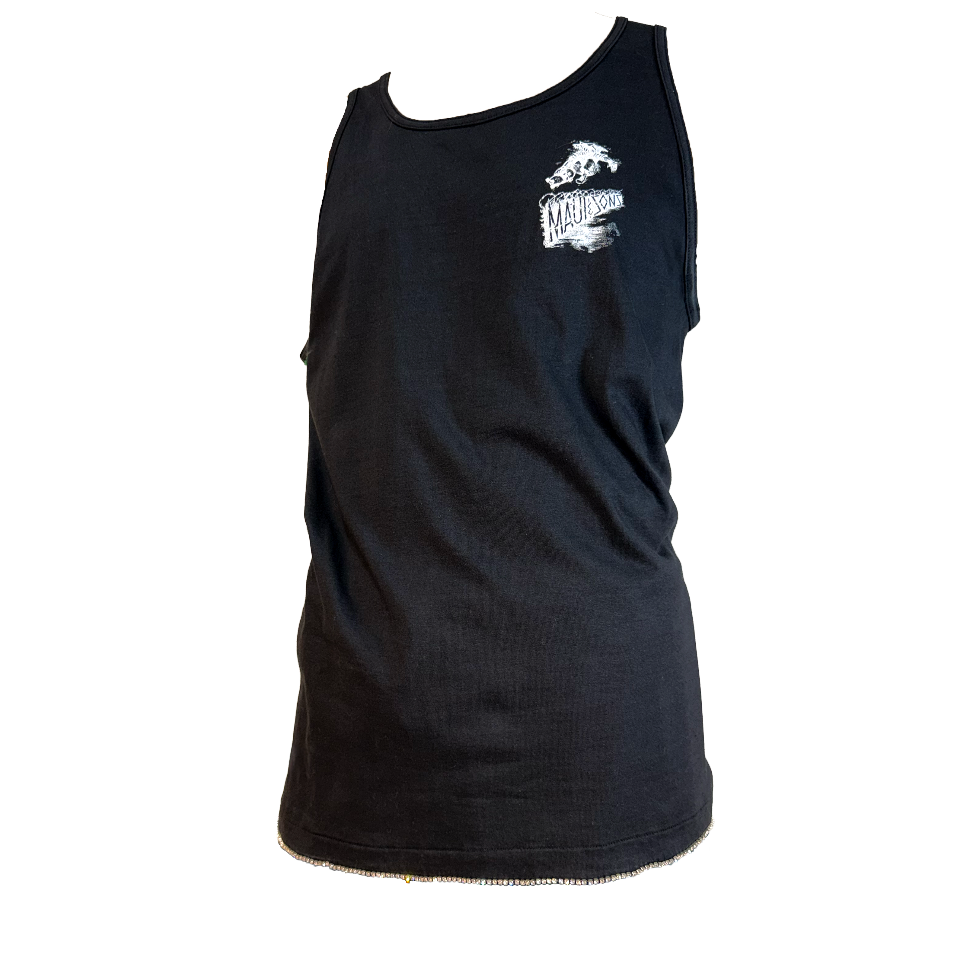 A black sleeveless tank top with a small white graphic on the left chest, displayed on a white background.