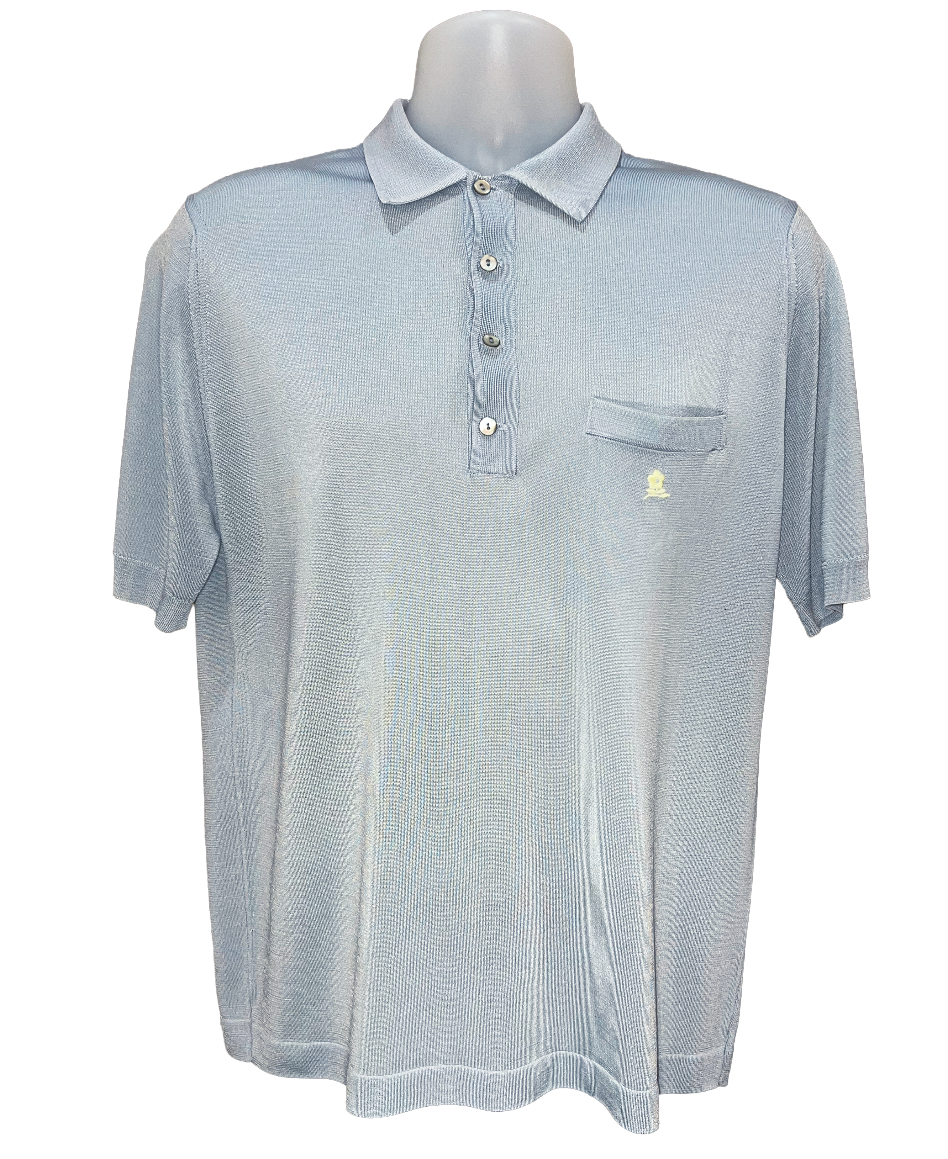 Light blue polo shirt with a small logo on a mannequin against a white background.