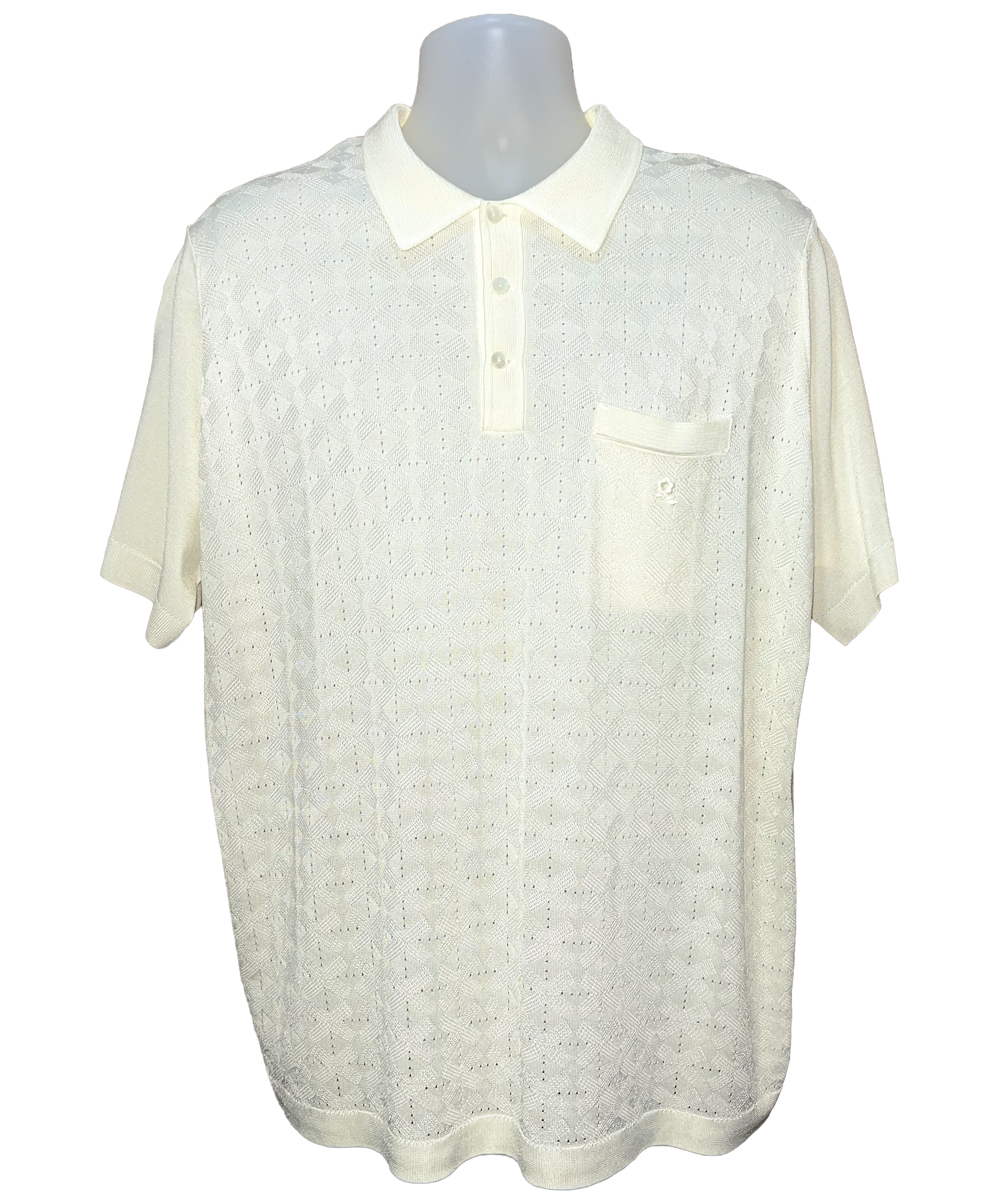 White short-sleeve shirt with a collar on a mannequin against a white background.