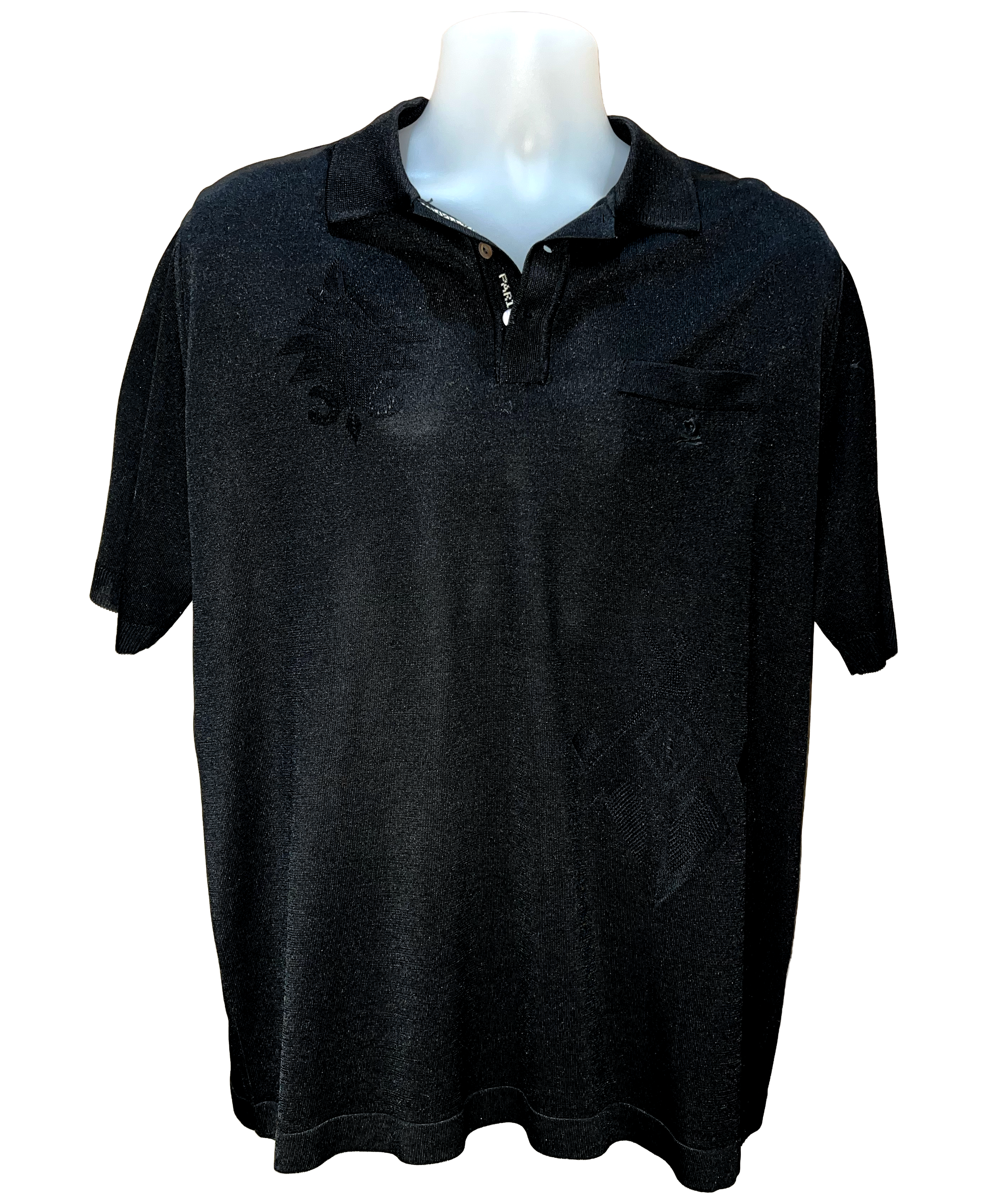 Black polo shirt on a mannequin against a white background.