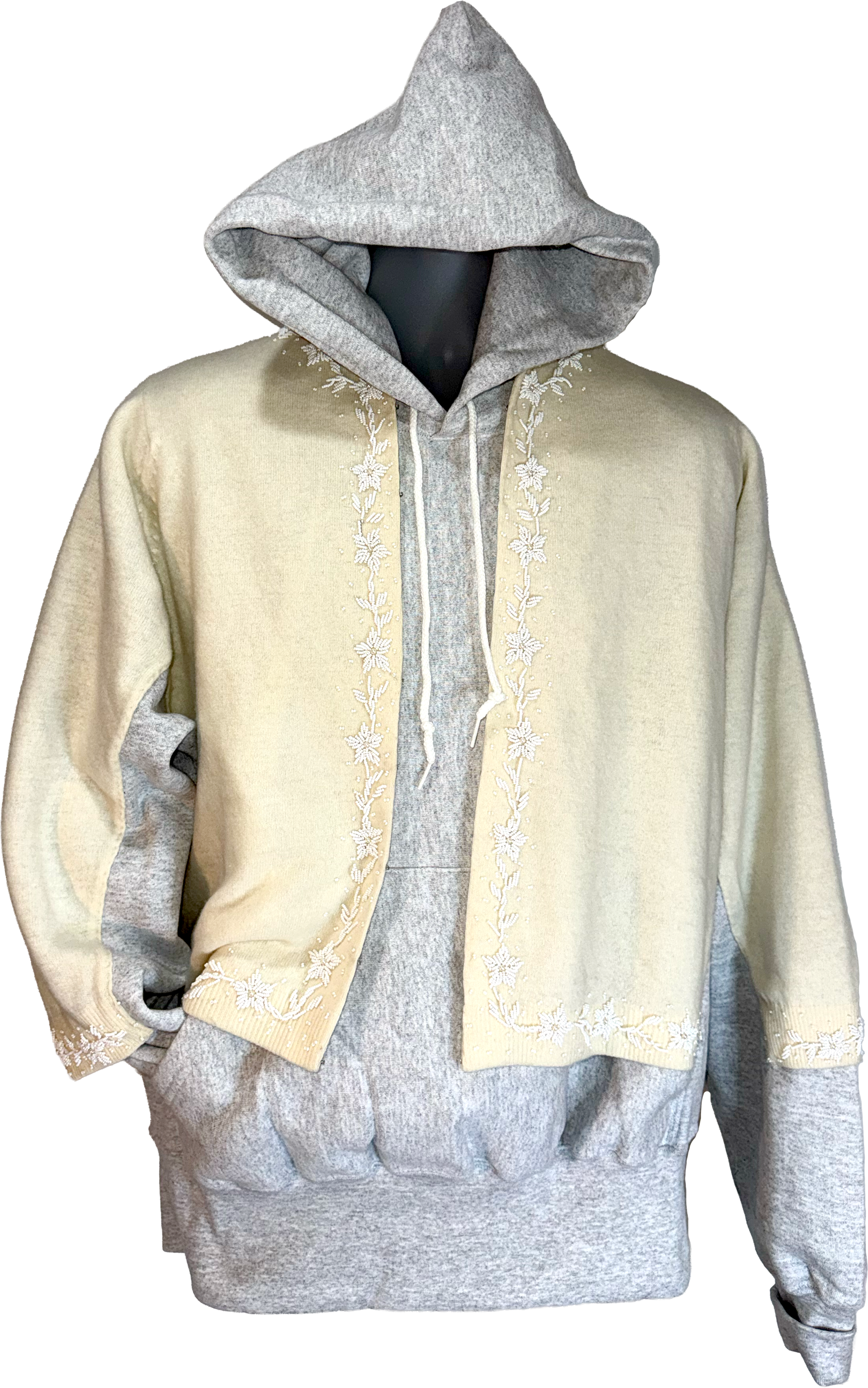Two-tone hoodie with light yellow sleeves and gray body on a white background.