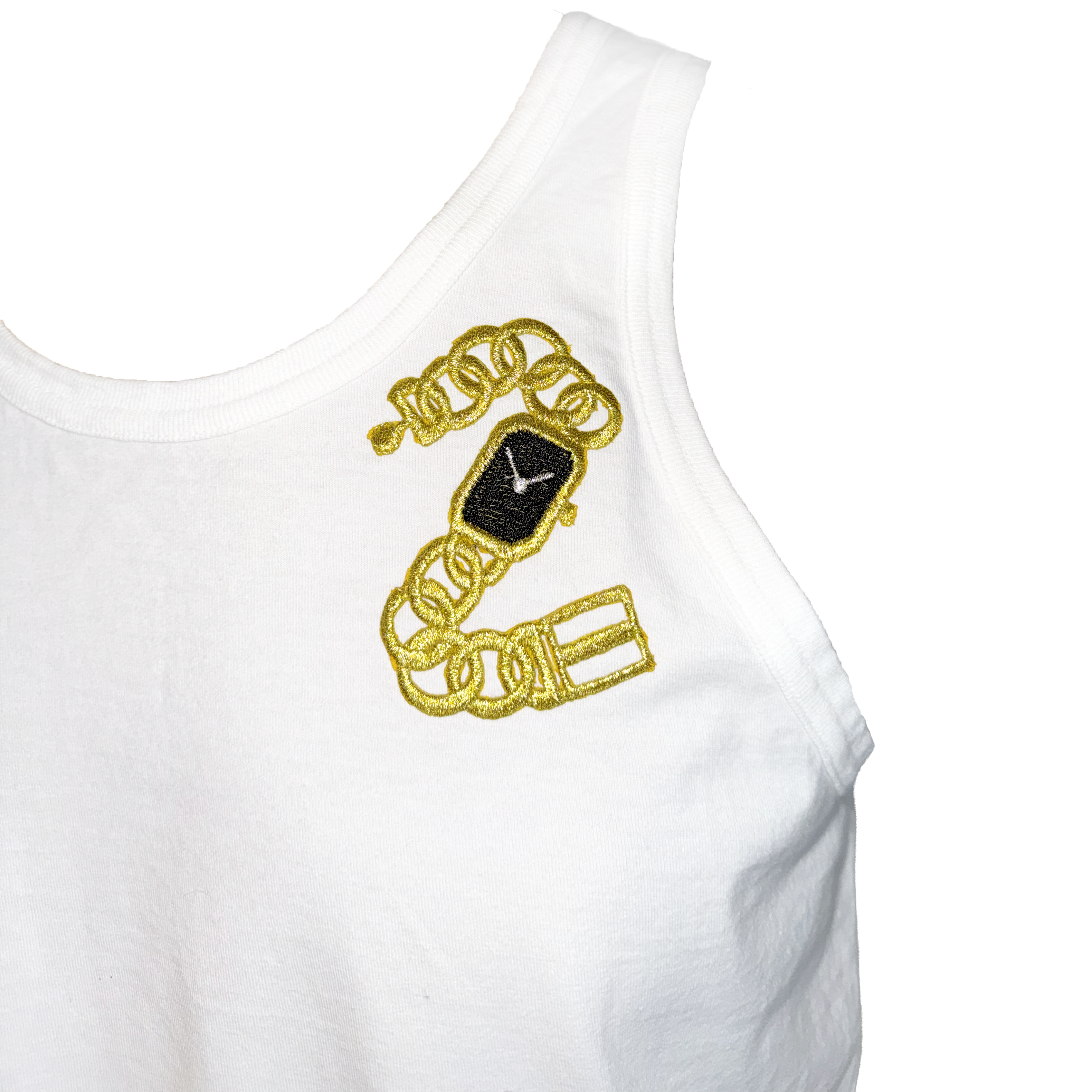 Close-up of a white tank top featuring a gold embroidered chain and watch design with a black watch face on the chest.