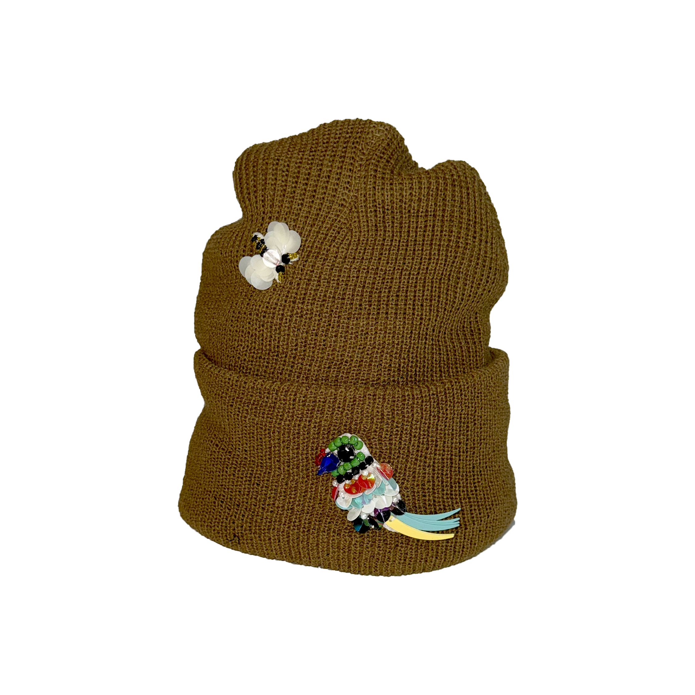 Brown knitted vest with embroidered bird designs on a white background.