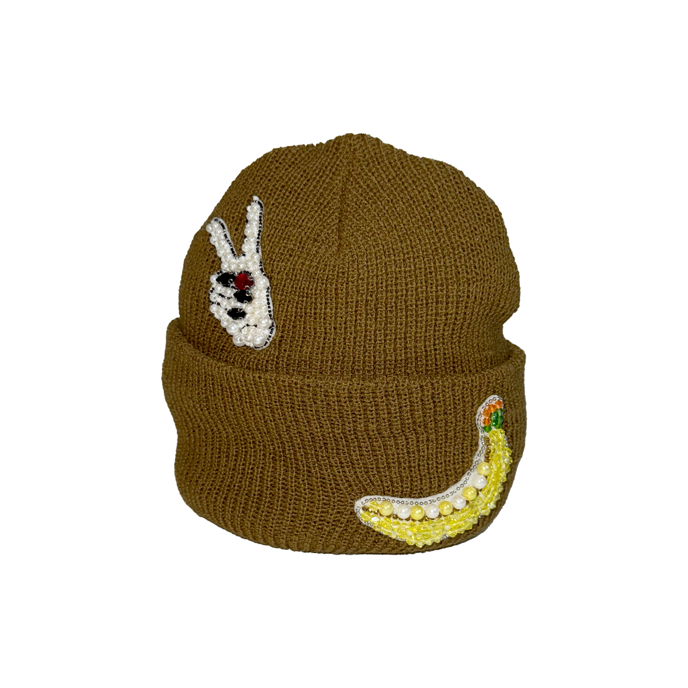 Brown knit beanie with embroidered designs on a white background.