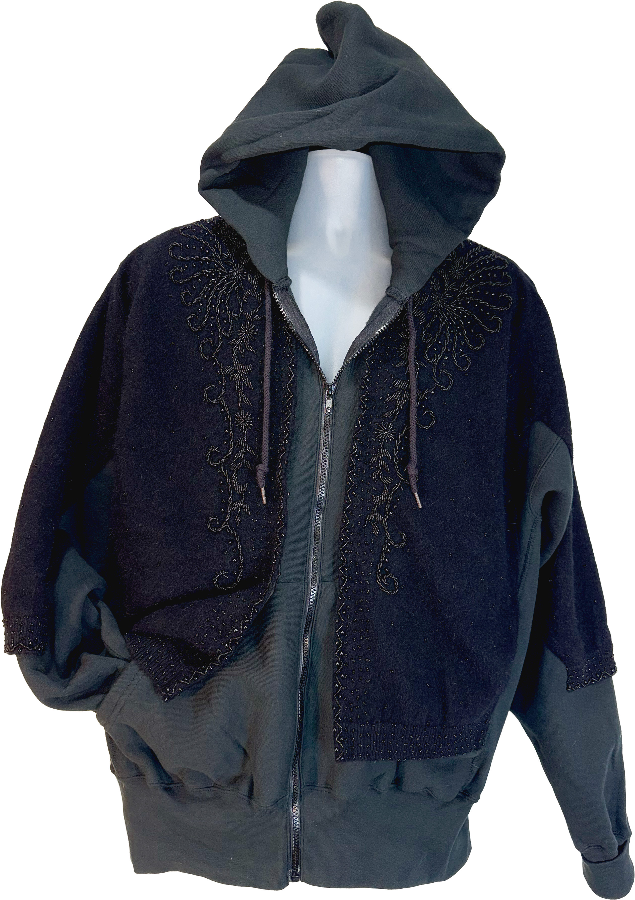 Dark blue hoodie with intricate patterns on a mannequin against a white background.