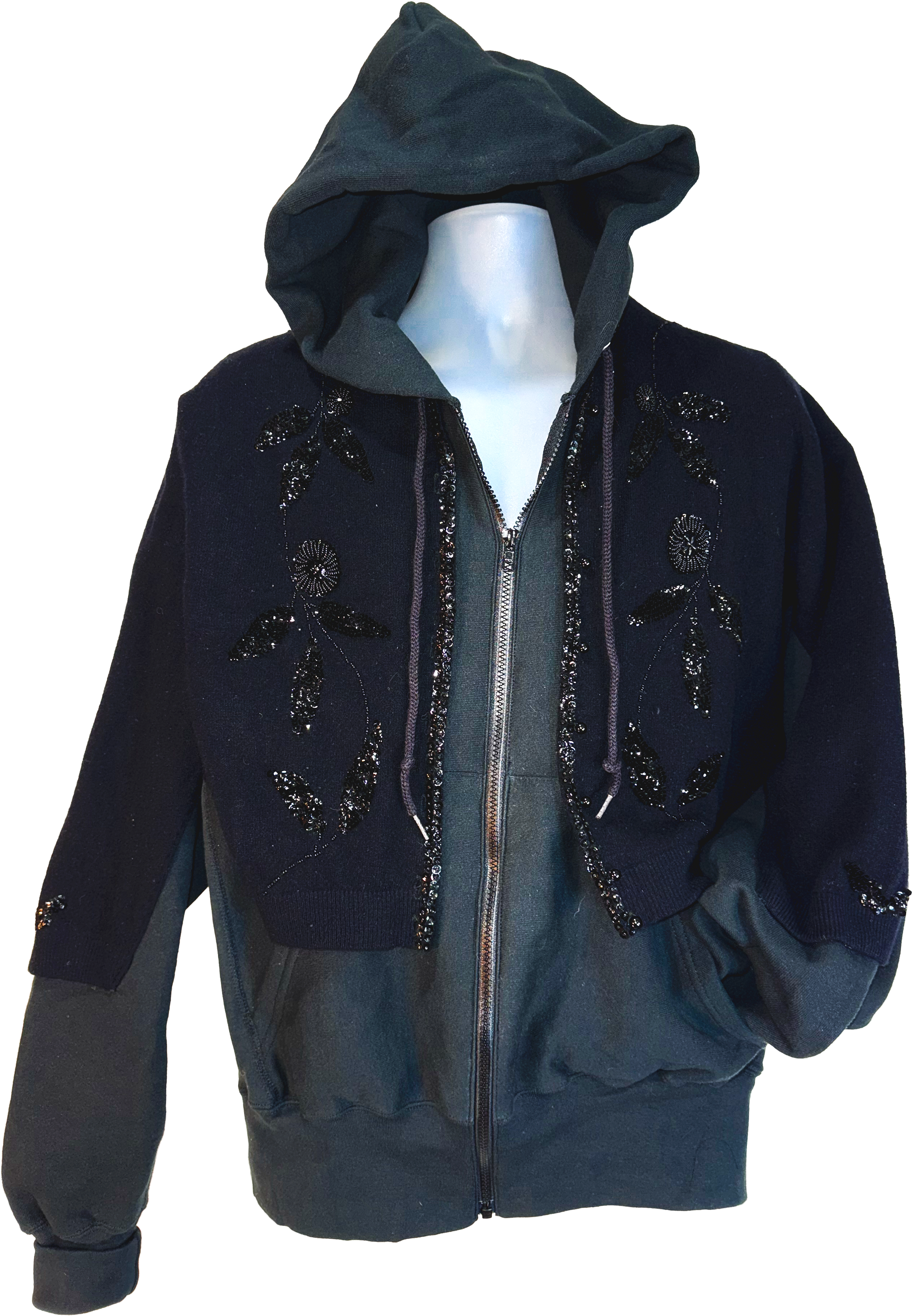Dark blue hoodie with floral embellishments on a mannequin against a white background.