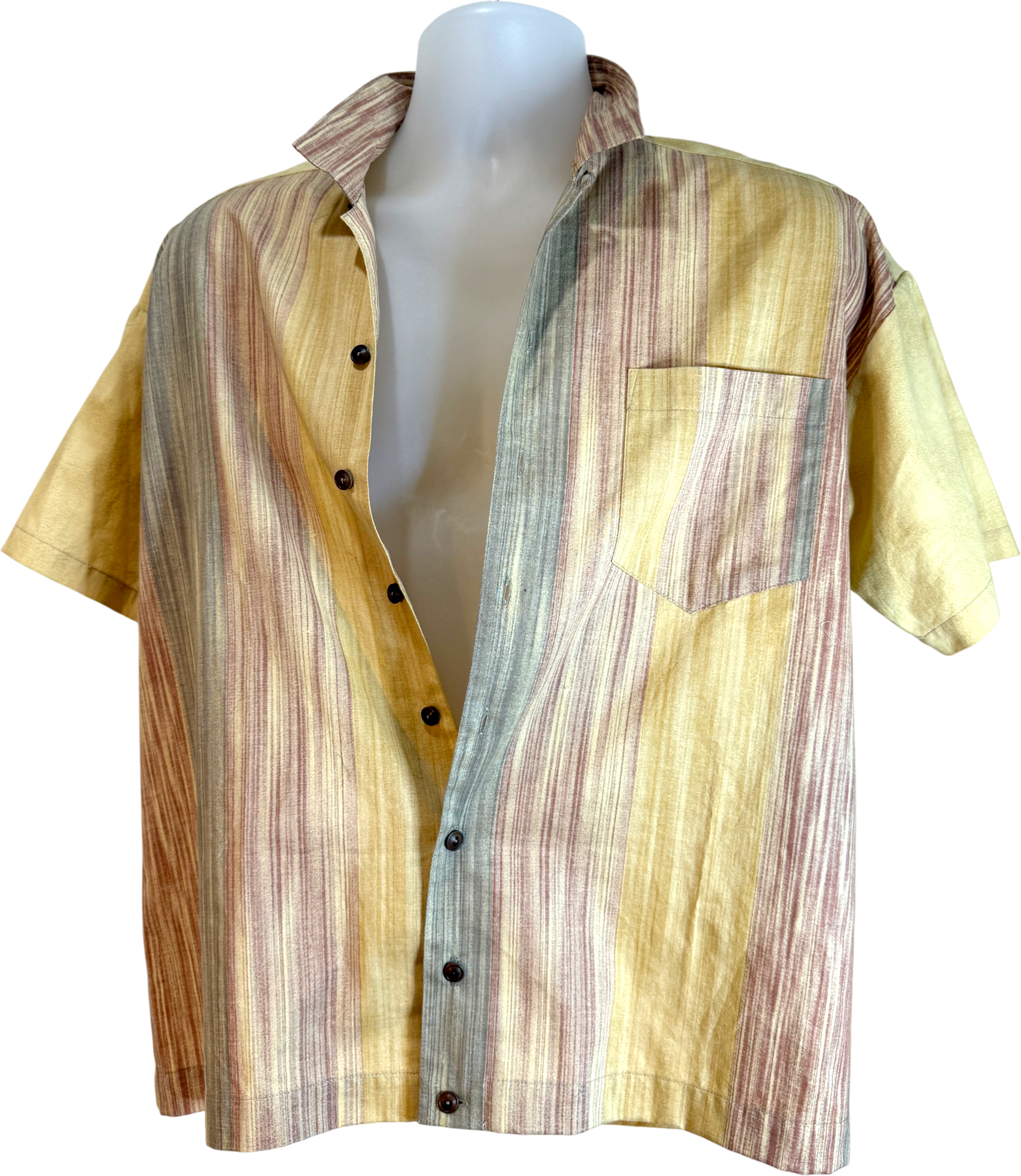 Striped shirt on a mannequin with a white background.
