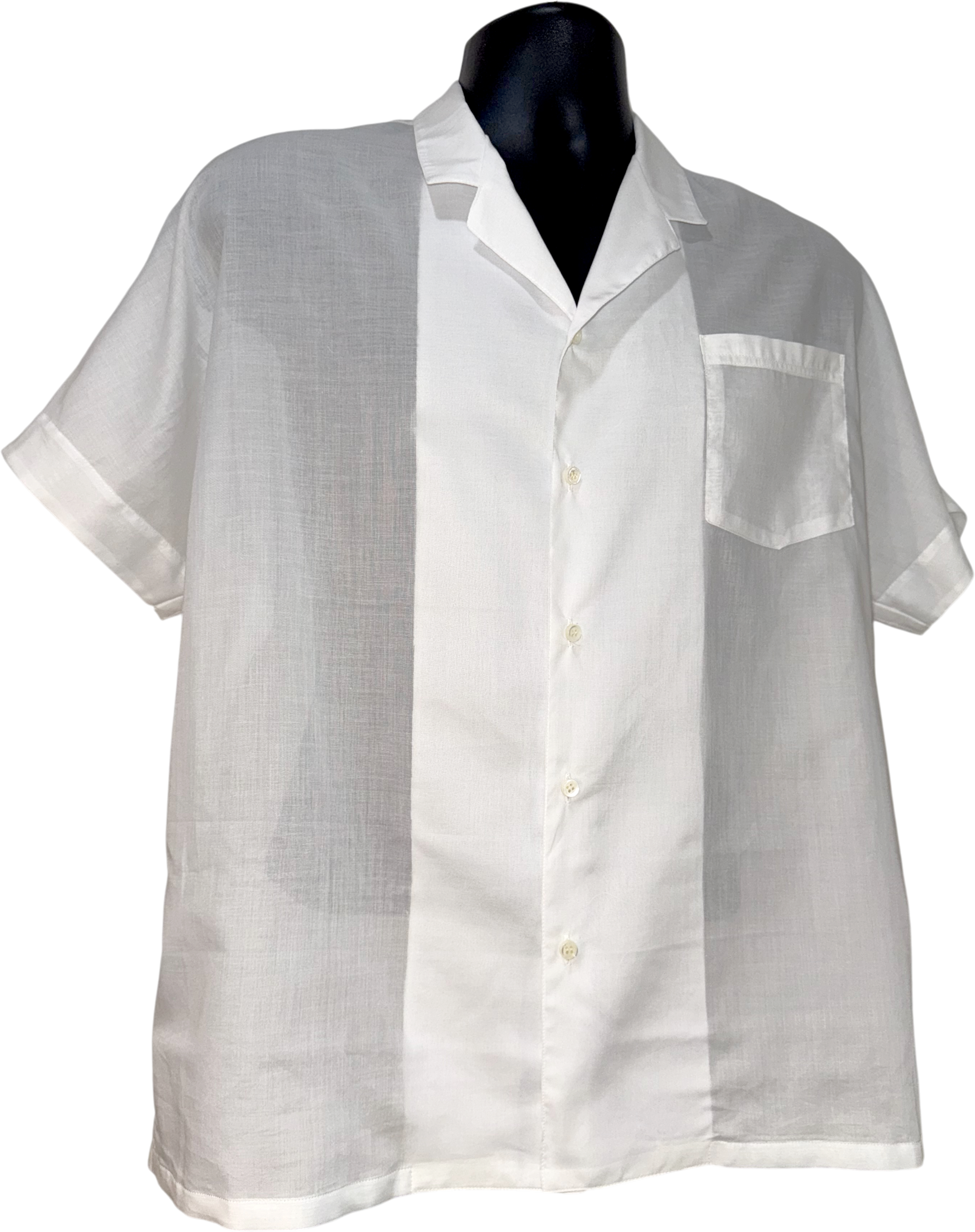 White short-sleeve shirt on a mannequin against a white background.
