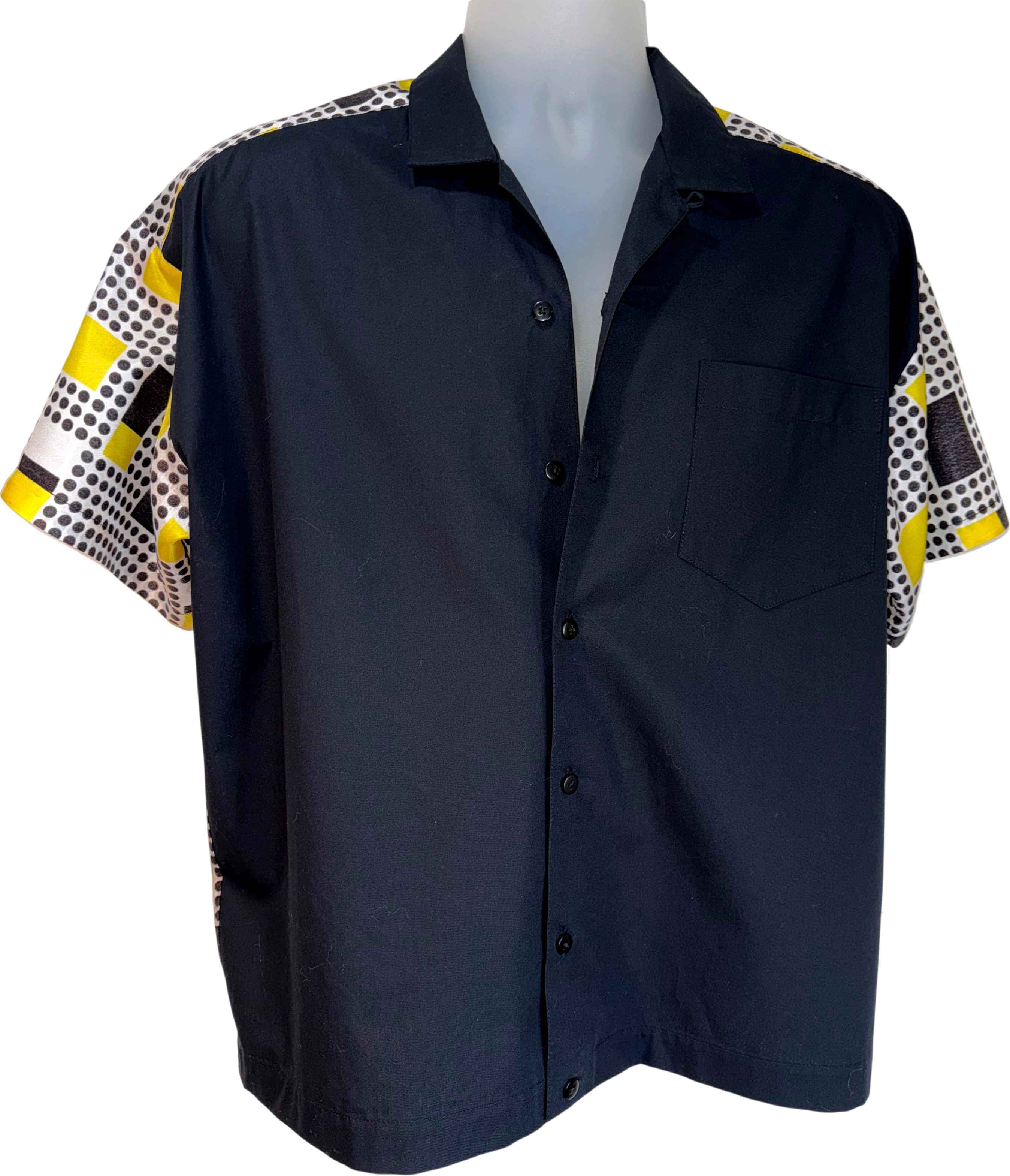 Navy blue button-up shirt with colorful sleeves on a mannequin against a white background.