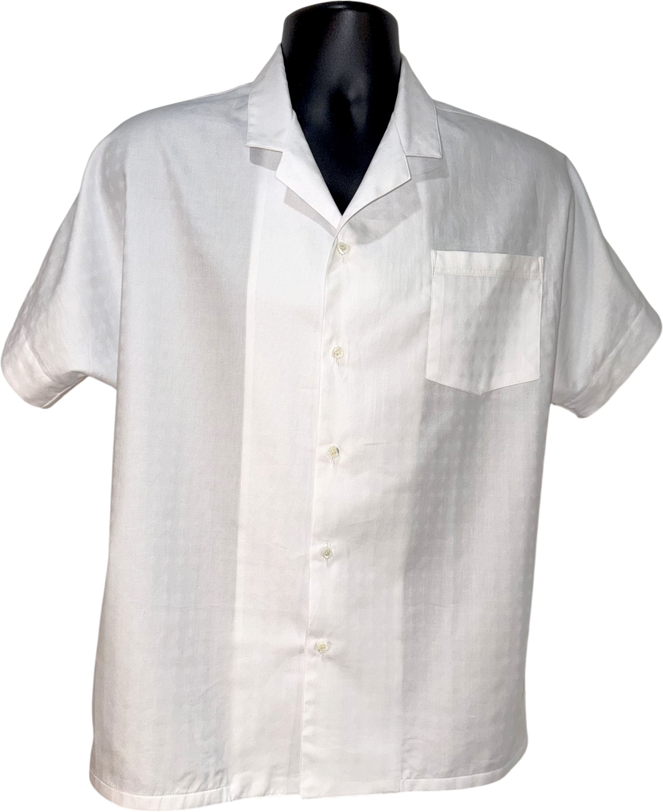 White short-sleeve shirt on a mannequin against a white background.
