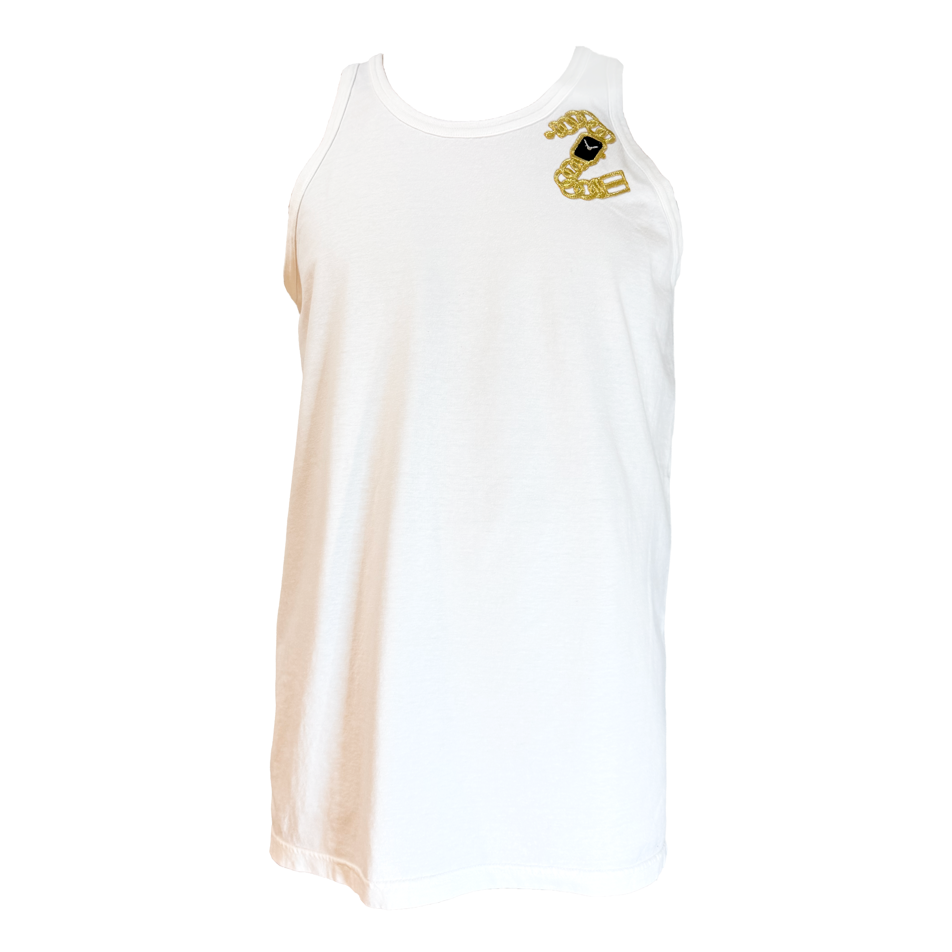 A white sleeveless tank top with a small gold and black graphic on the left chest, displayed against a solid white background.