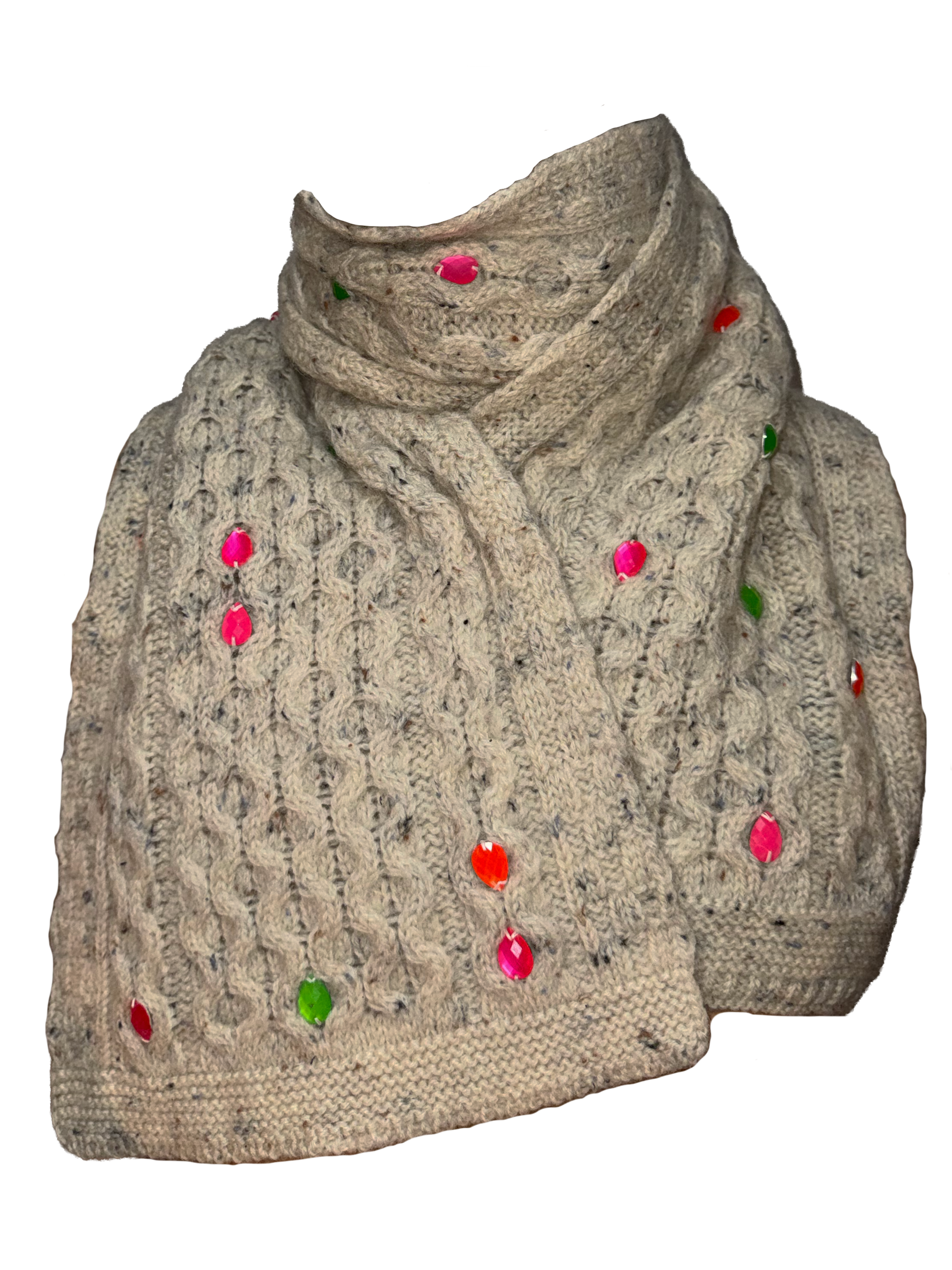 A chunky knit cowl neck scarf in a heathered beige/gray wool, decorated with colorful rhinestone embellishments in red, pink, and green, shown against a plain white background.