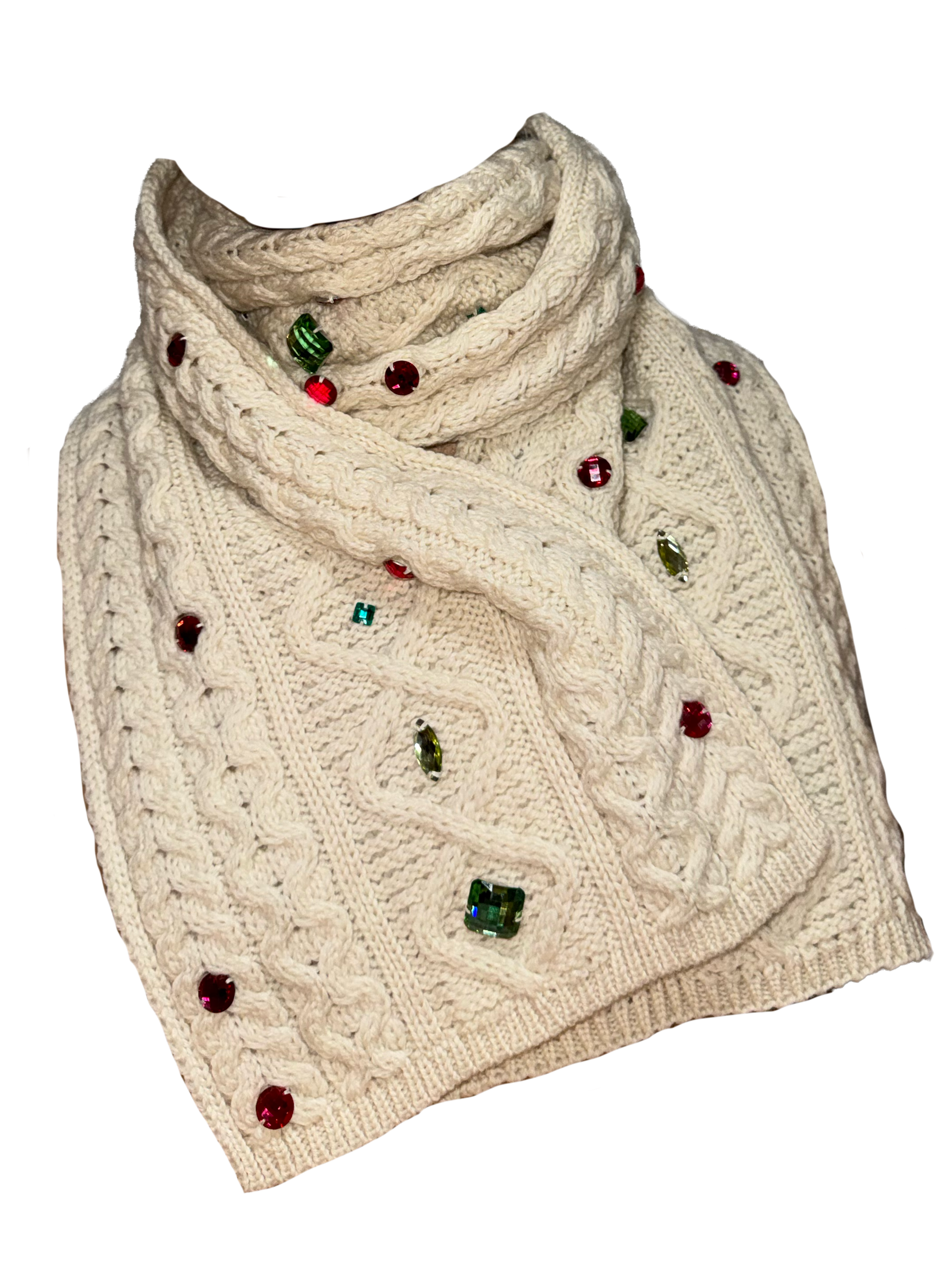 An off-white cable-knit cowl scarf decorated with small red and green rhinestone embellishments, shown against a plain white background.