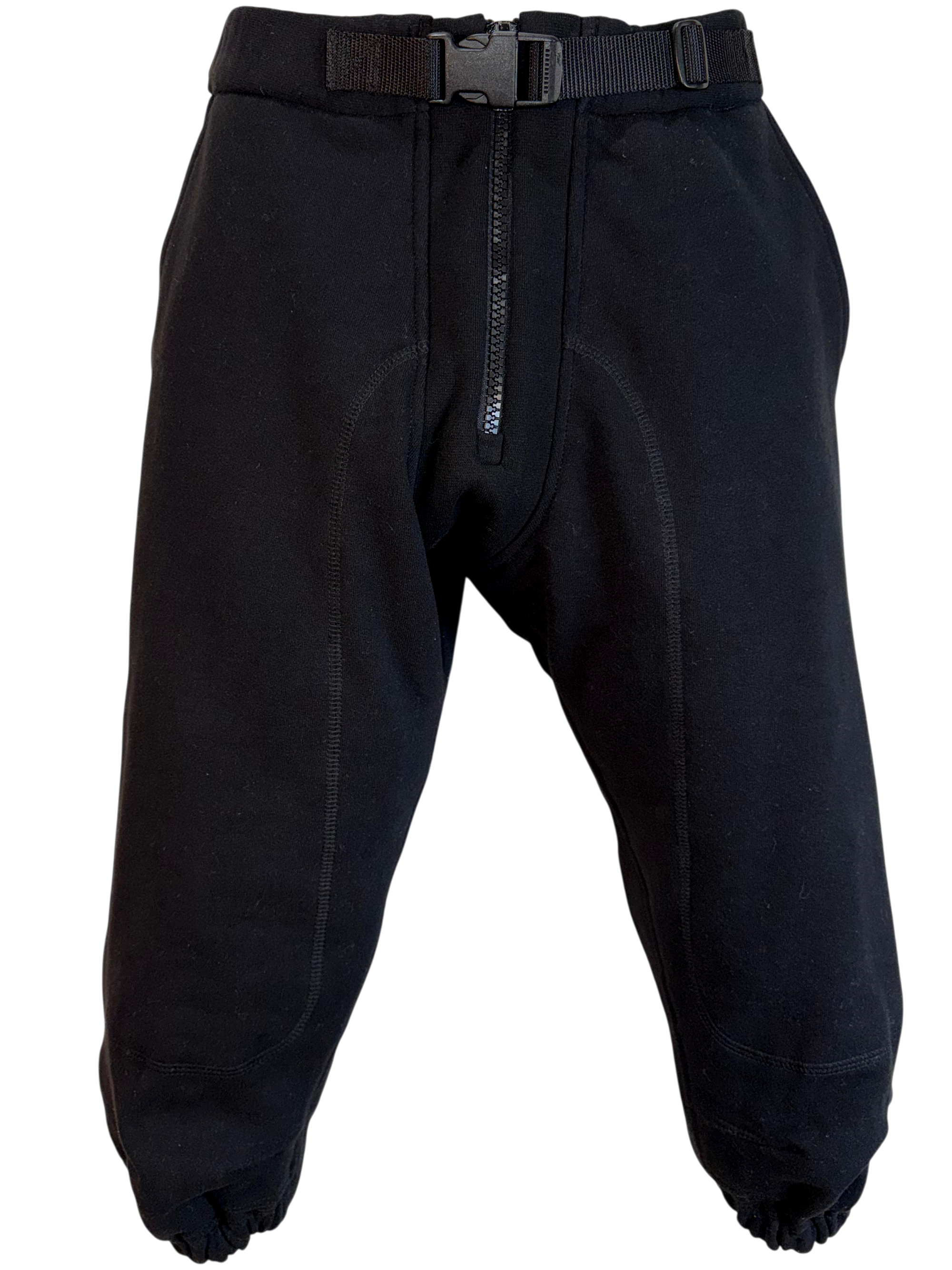 Black pants with a belt on a white background.